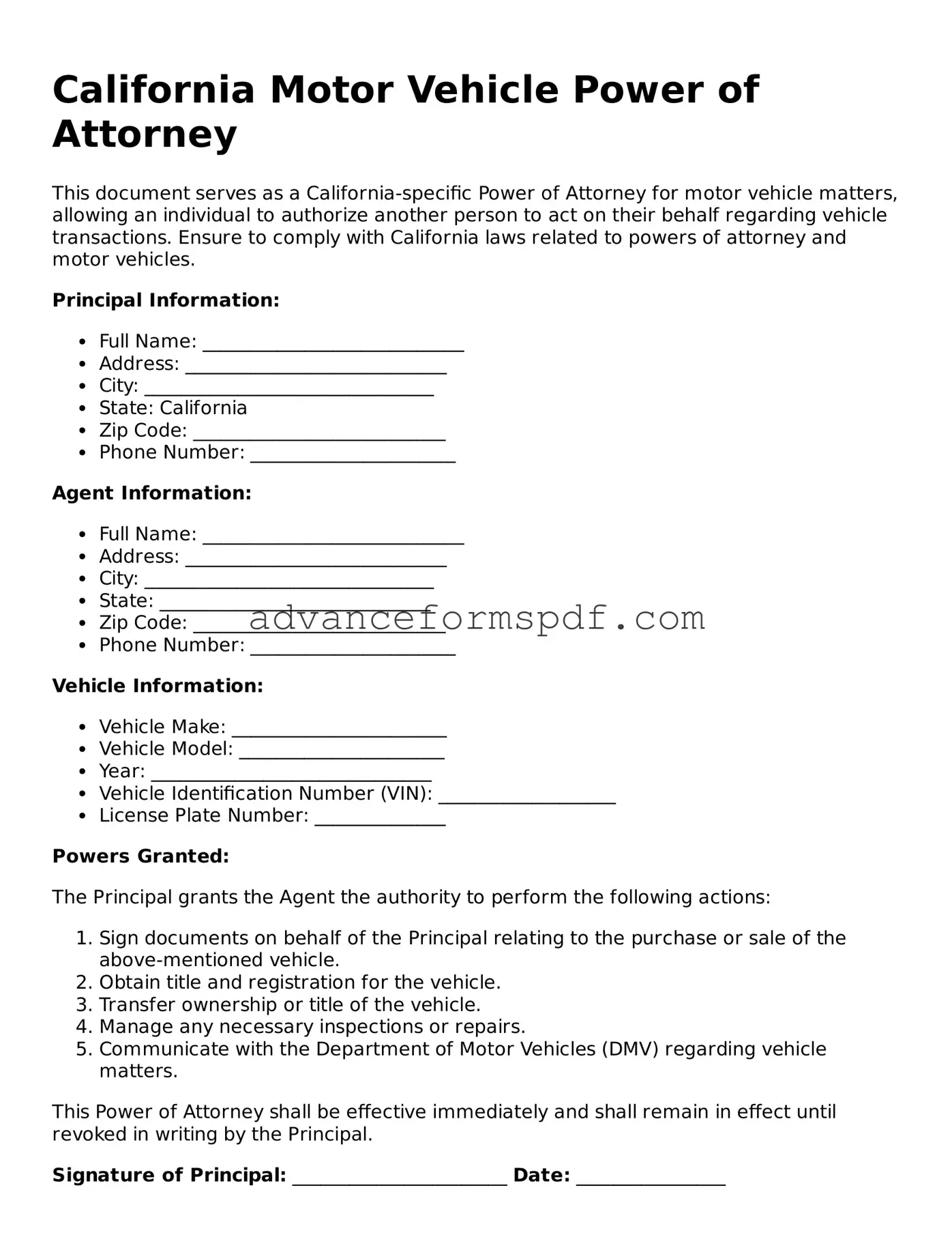 Valid Motor Vehicle Power of Attorney Form for the State of California