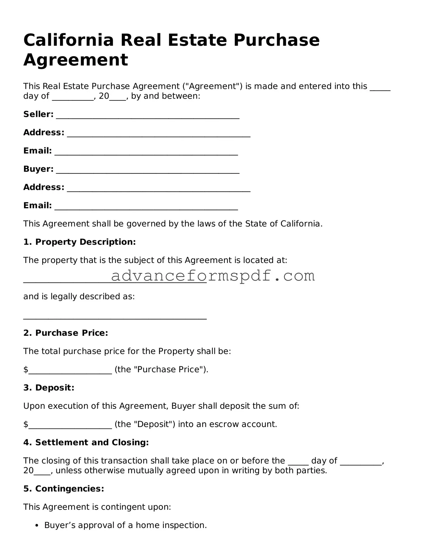 Valid Real Estate Purchase Agreement Form for the State of California