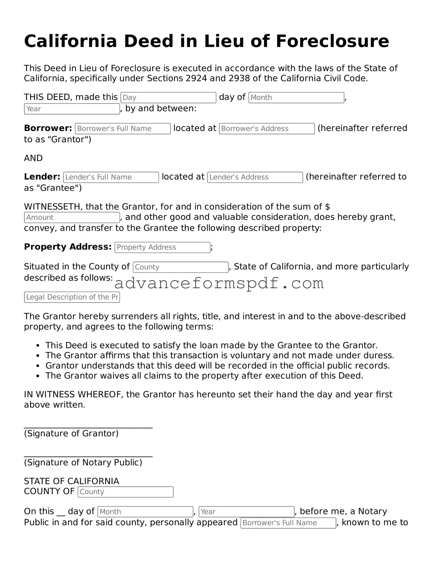 Valid Deed in Lieu of Foreclosure Form for the State of California
