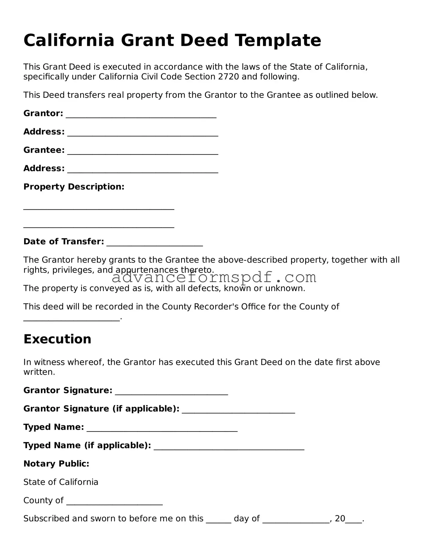 Valid Deed Form for the State of California