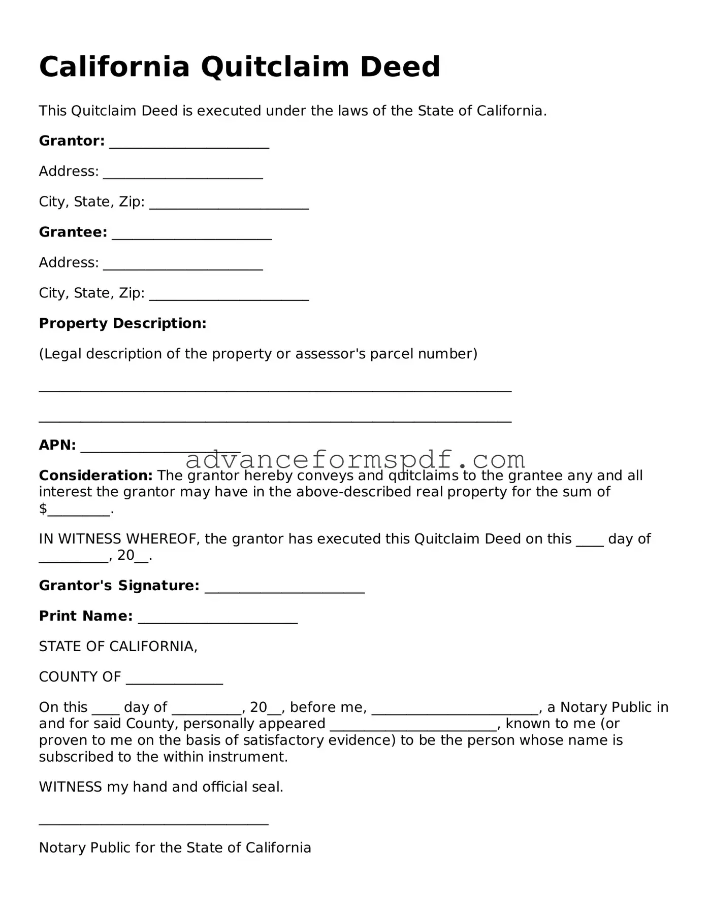 Valid Quitclaim Deed Form for the State of California