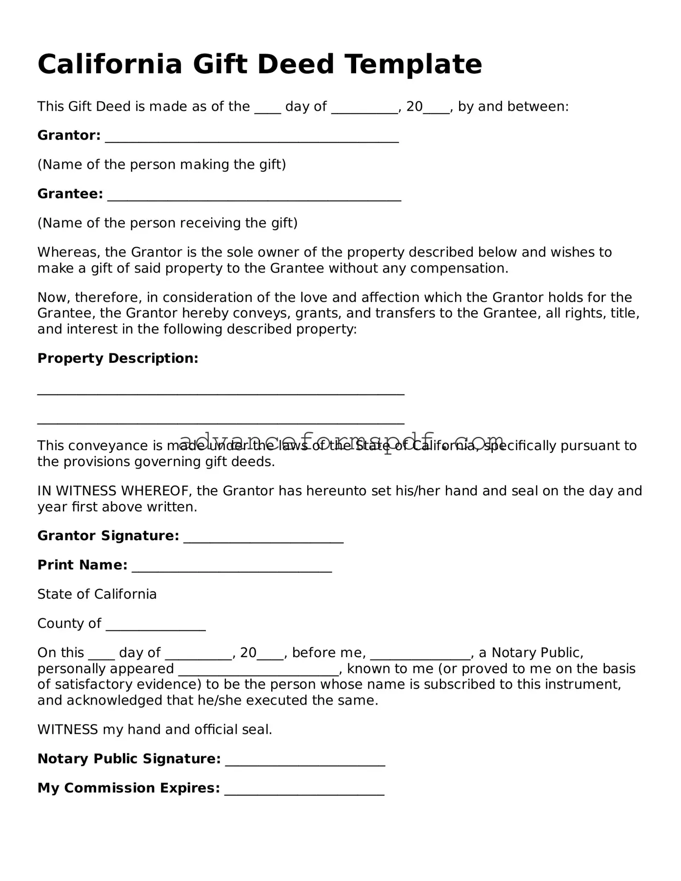 Valid Gift Deed Form for the State of California