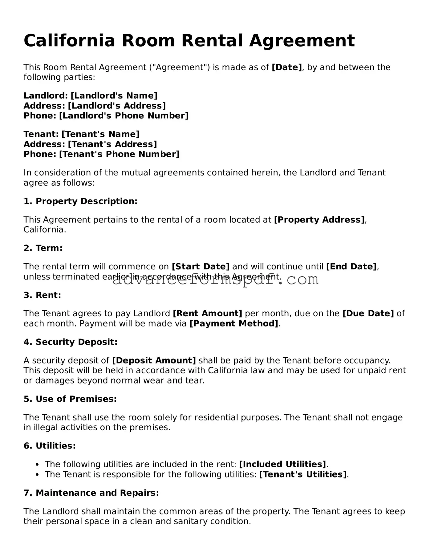 Valid Room Rental Agreement Form for the State of California