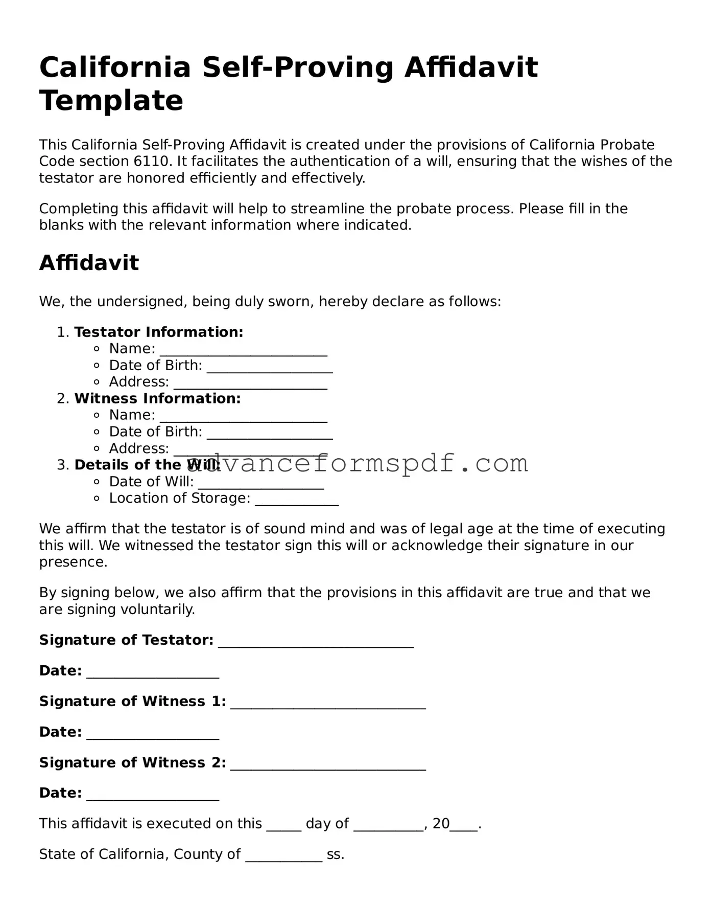 Valid Self-Proving Affidavit Form for the State of California