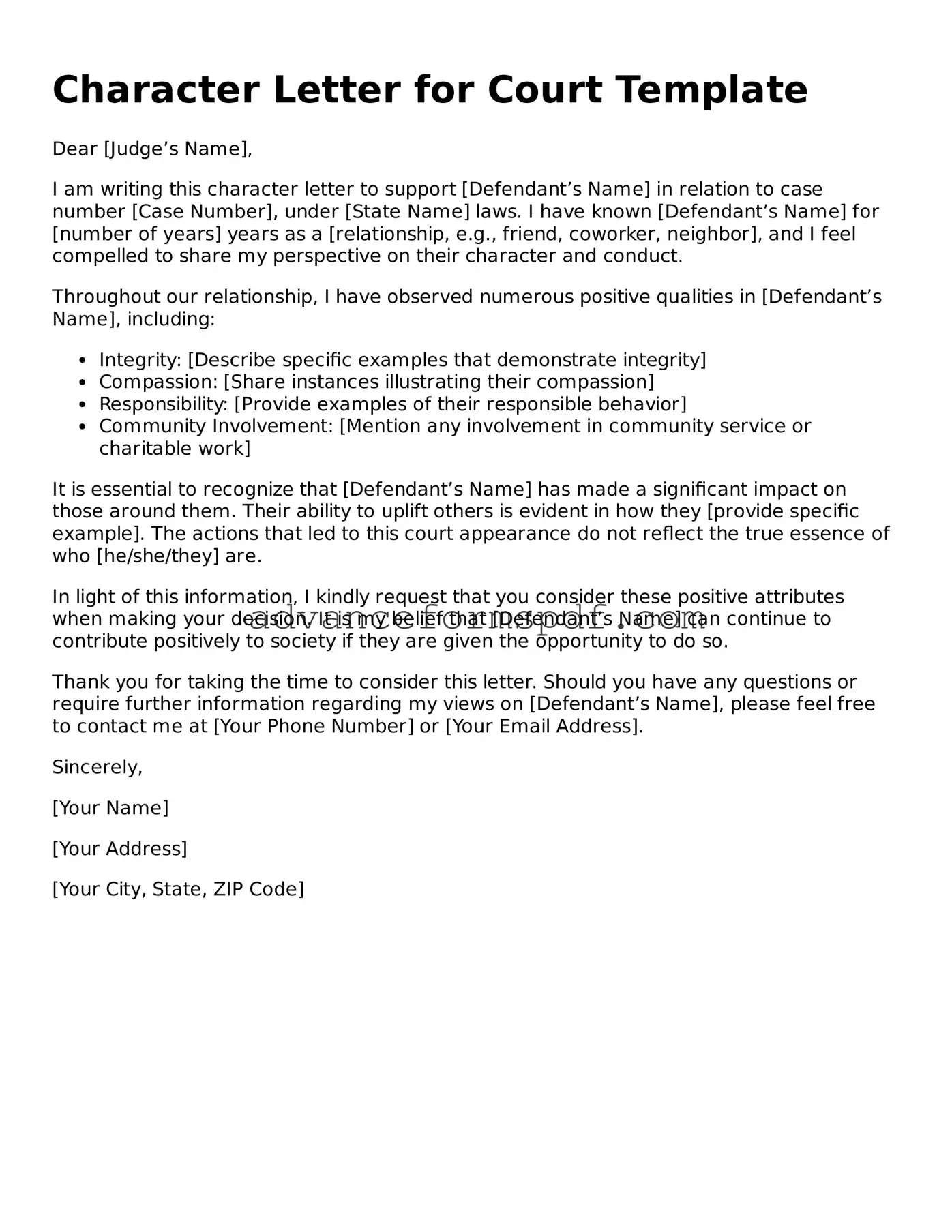Free Character Letter for Court Document
