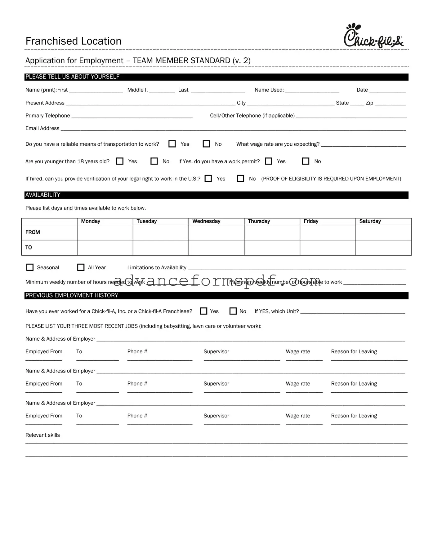 Download Chick Fil A Job Application Form in PDF