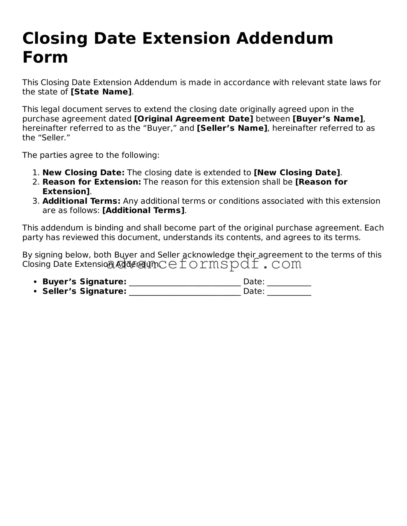 Free Closing Date Extension Addendum Form Document