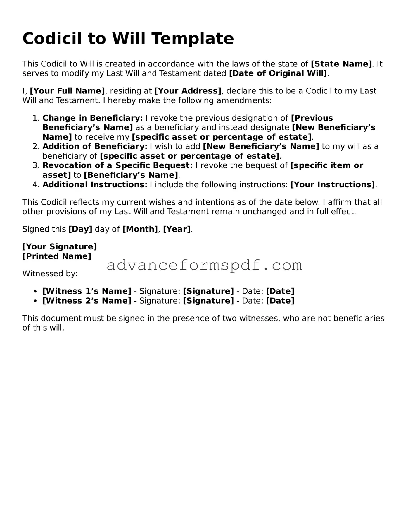 Free Codicil to Will Document