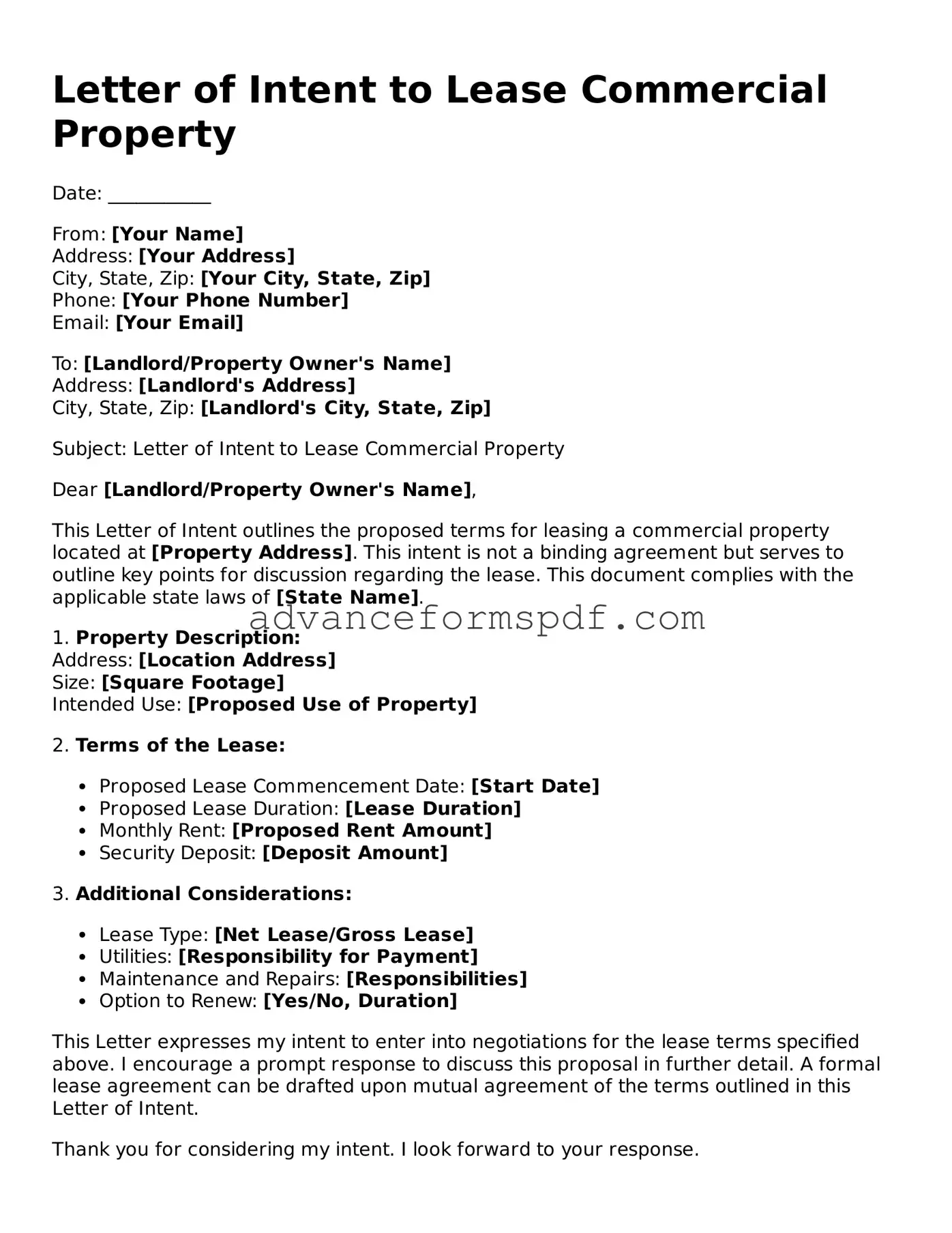 Free Letter of Intent to Lease Commercial Property Document
