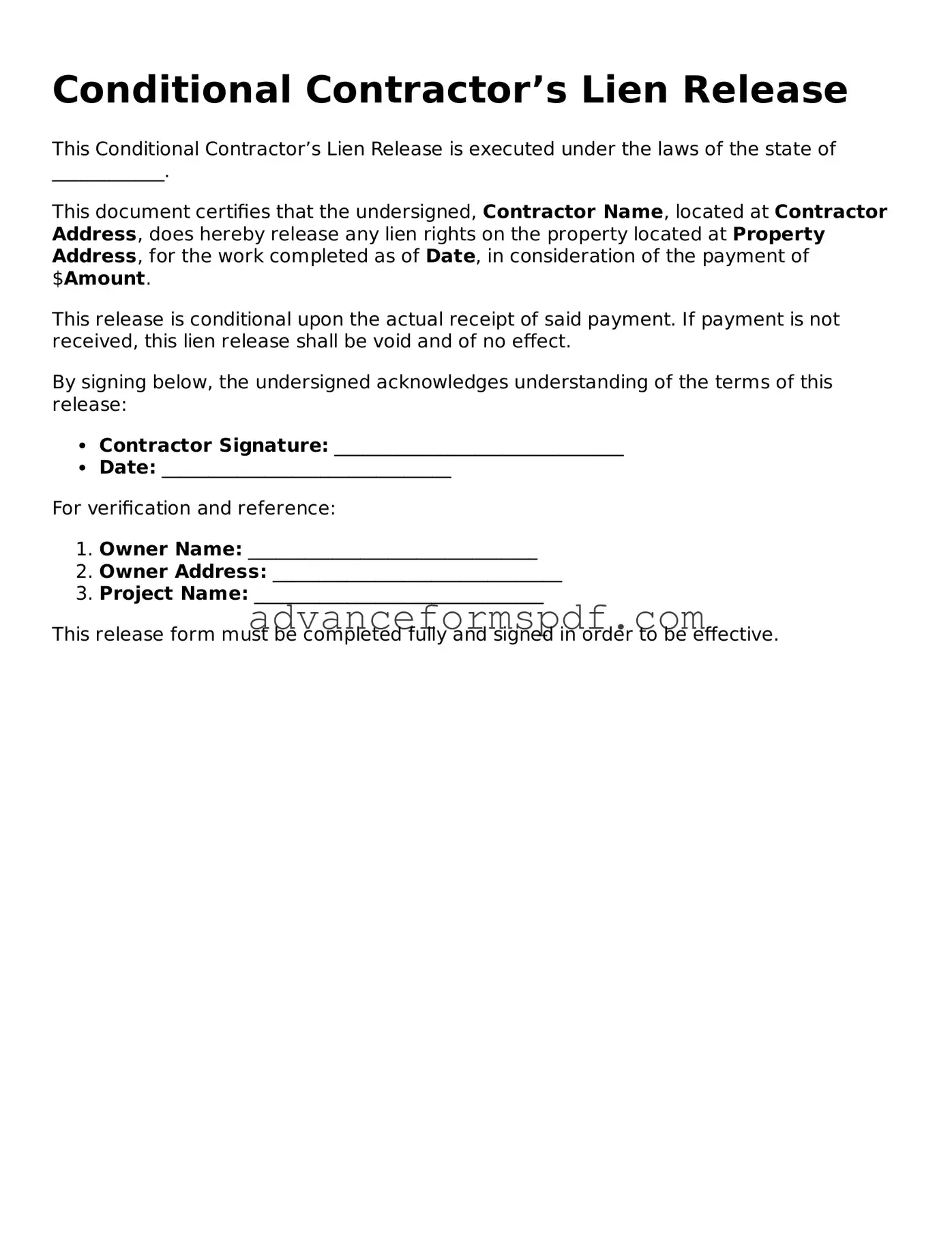 Free Conditional Contractor’s Lien Release Document