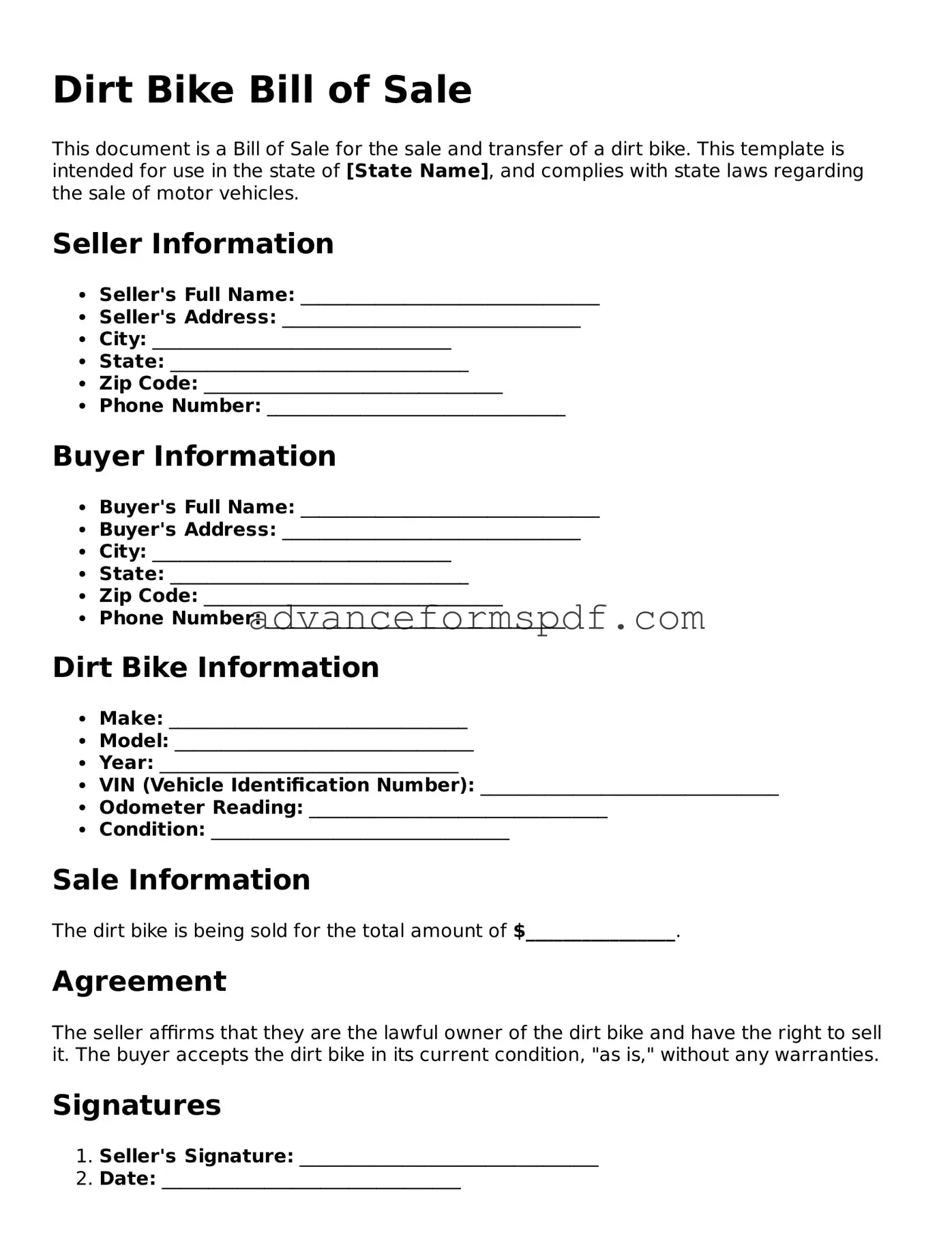 Free Dirt Bike Bill of Sale Document