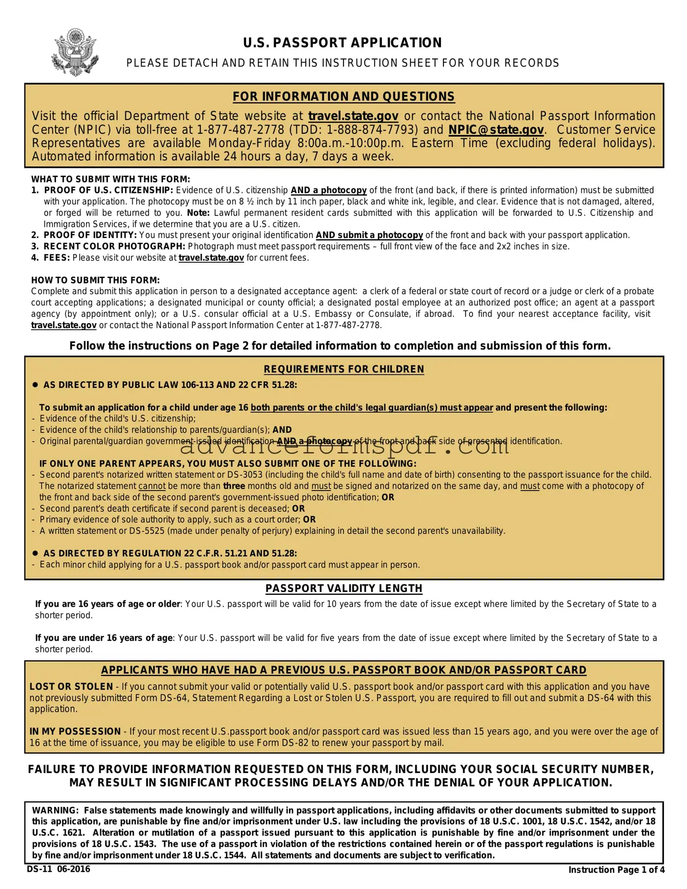 Download DS-11 U.S. Passport application Form in PDF