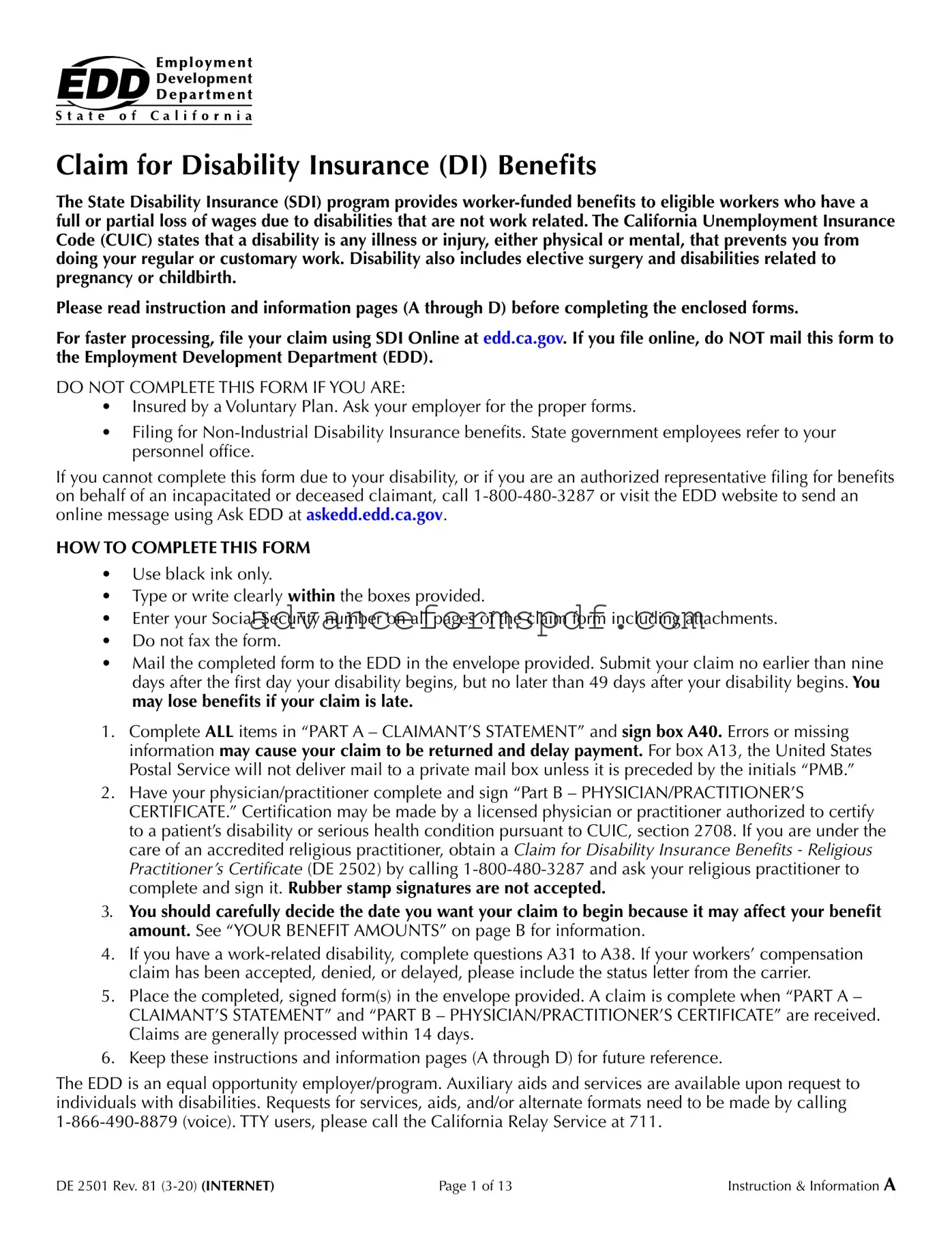 Download EDD DE 2501 Form in PDF