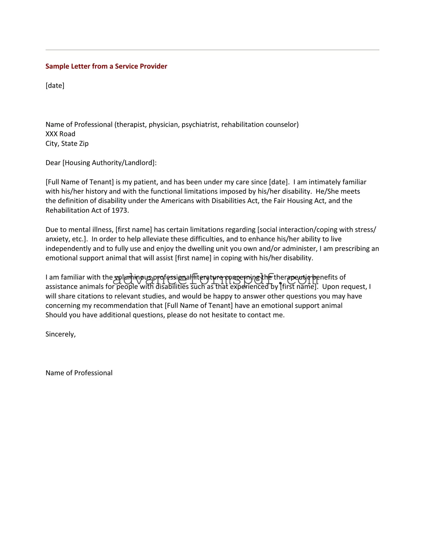 Download Emotional Support Animal Letter Form in PDF