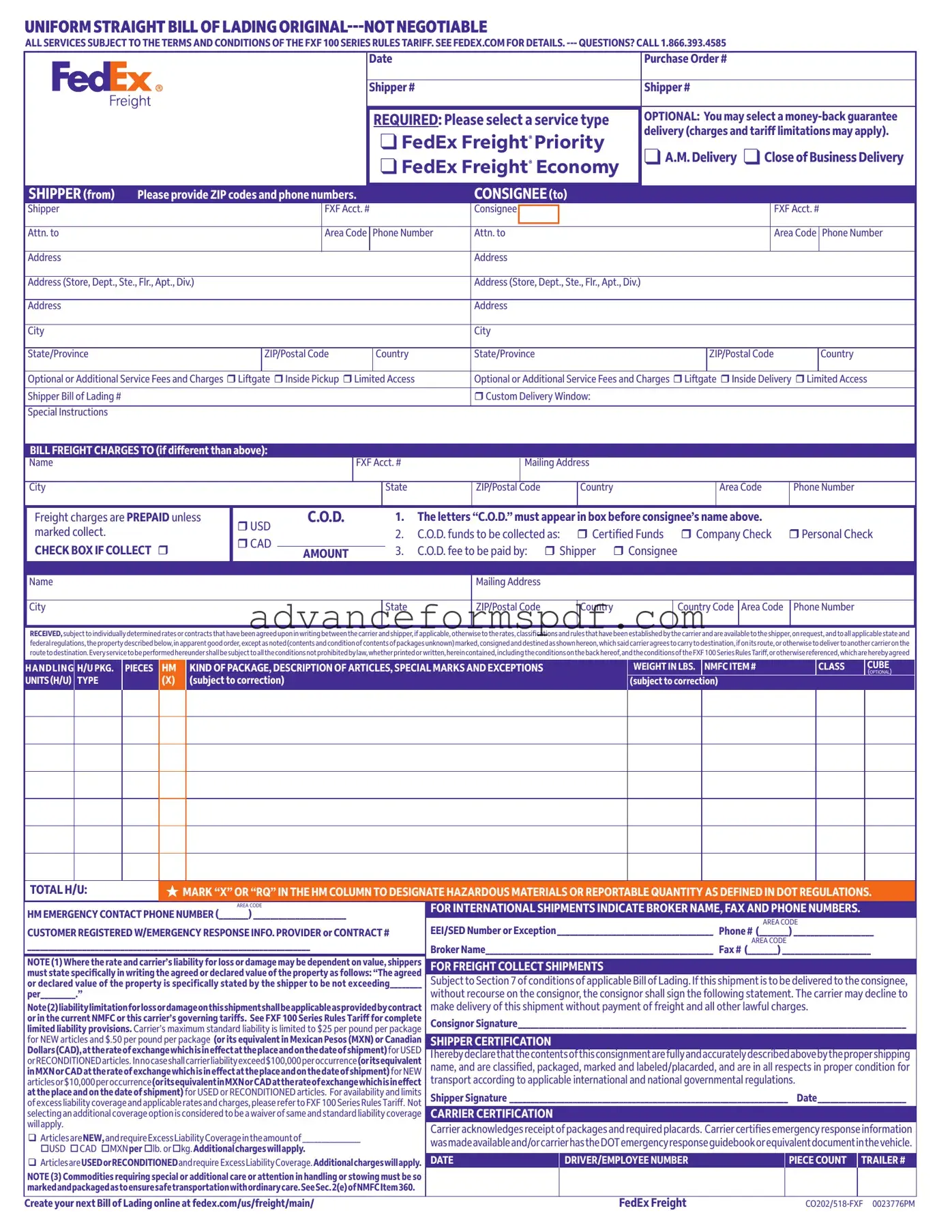 Download Fedex Bill Of Lading Form in PDF