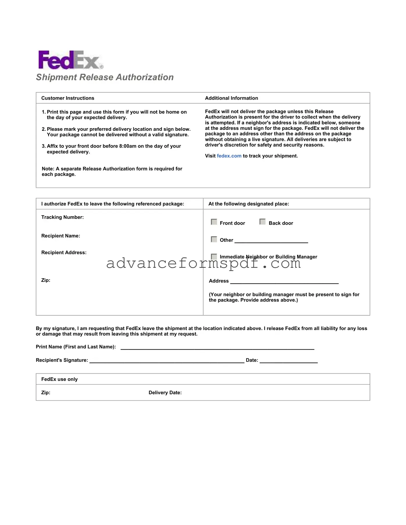 Download Fedex Release Form in PDF