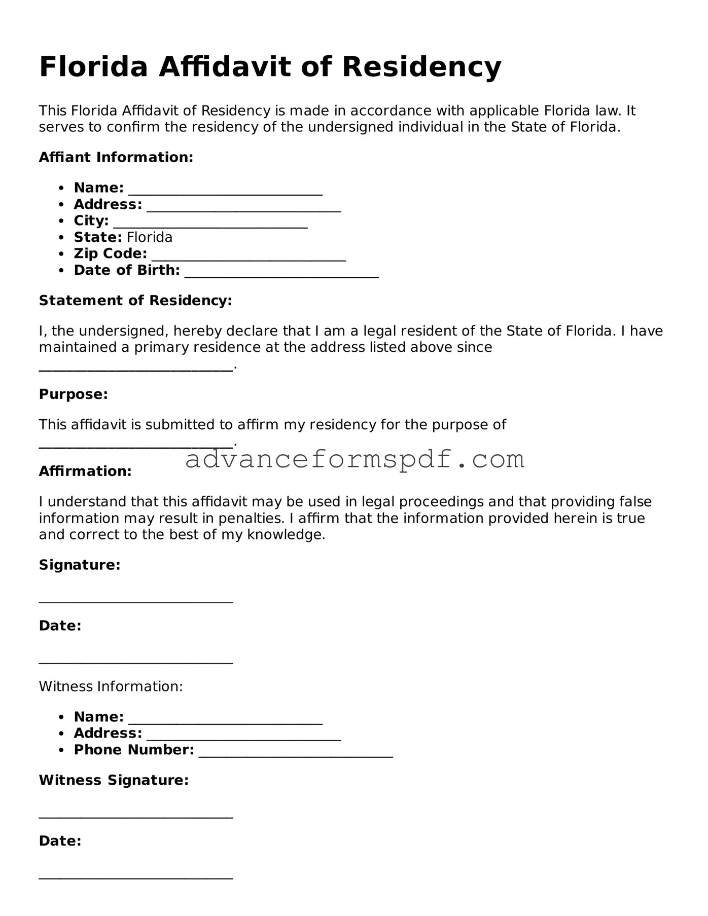Valid Affidavit of Residency Form for the State of Florida