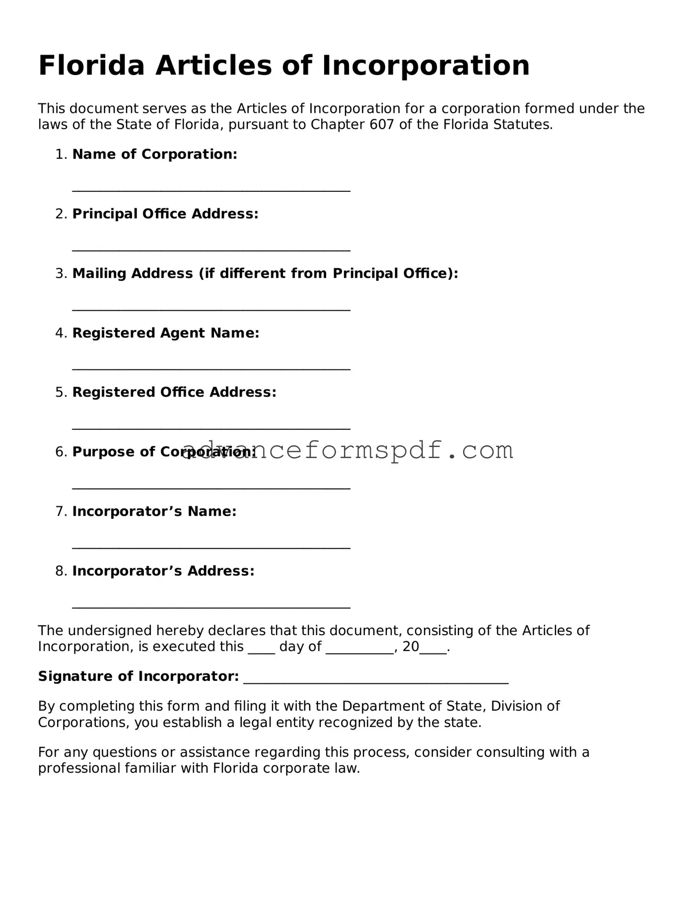Valid Articles of Incorporation Form for the State of Florida