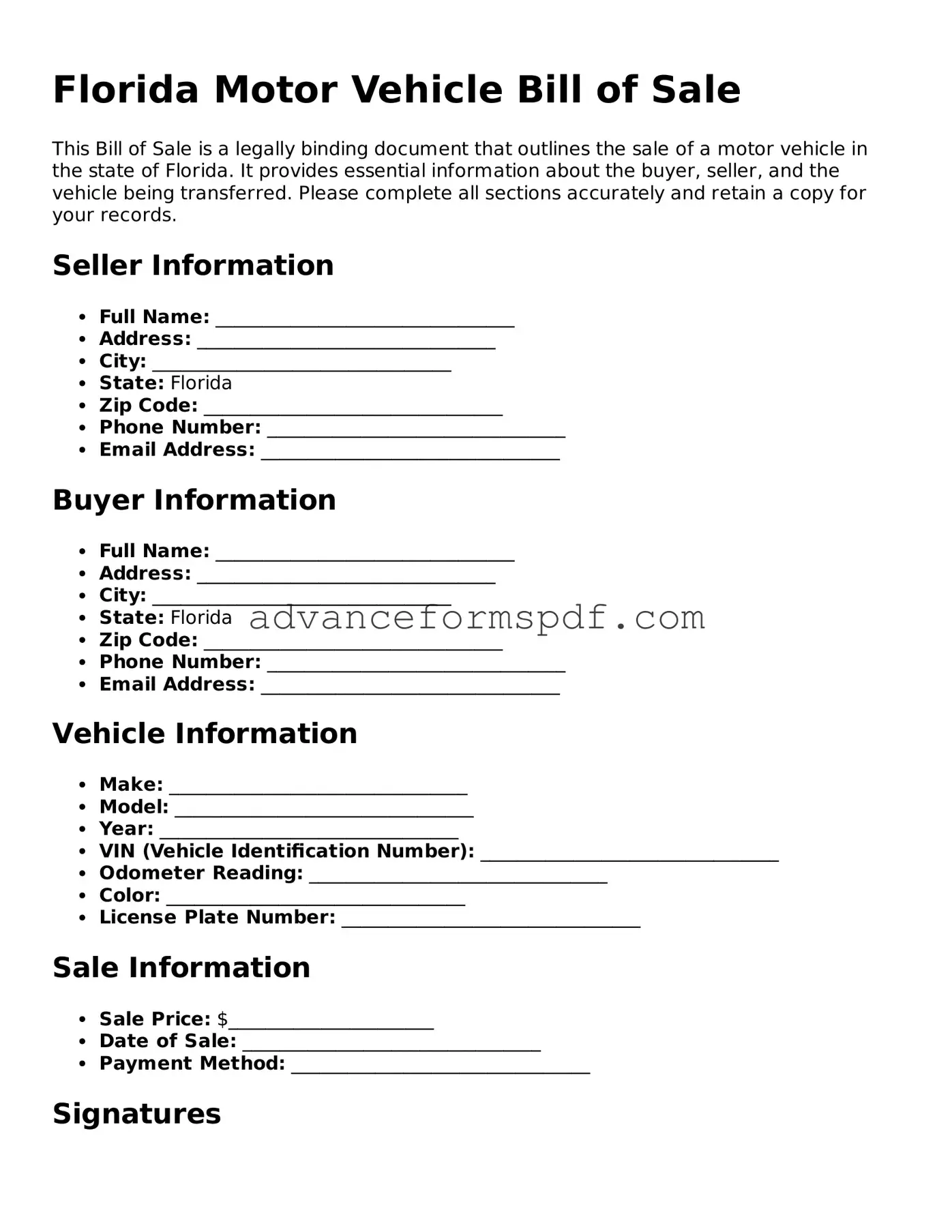 Valid Motor Vehicle Bill of Sale Form for the State of Florida