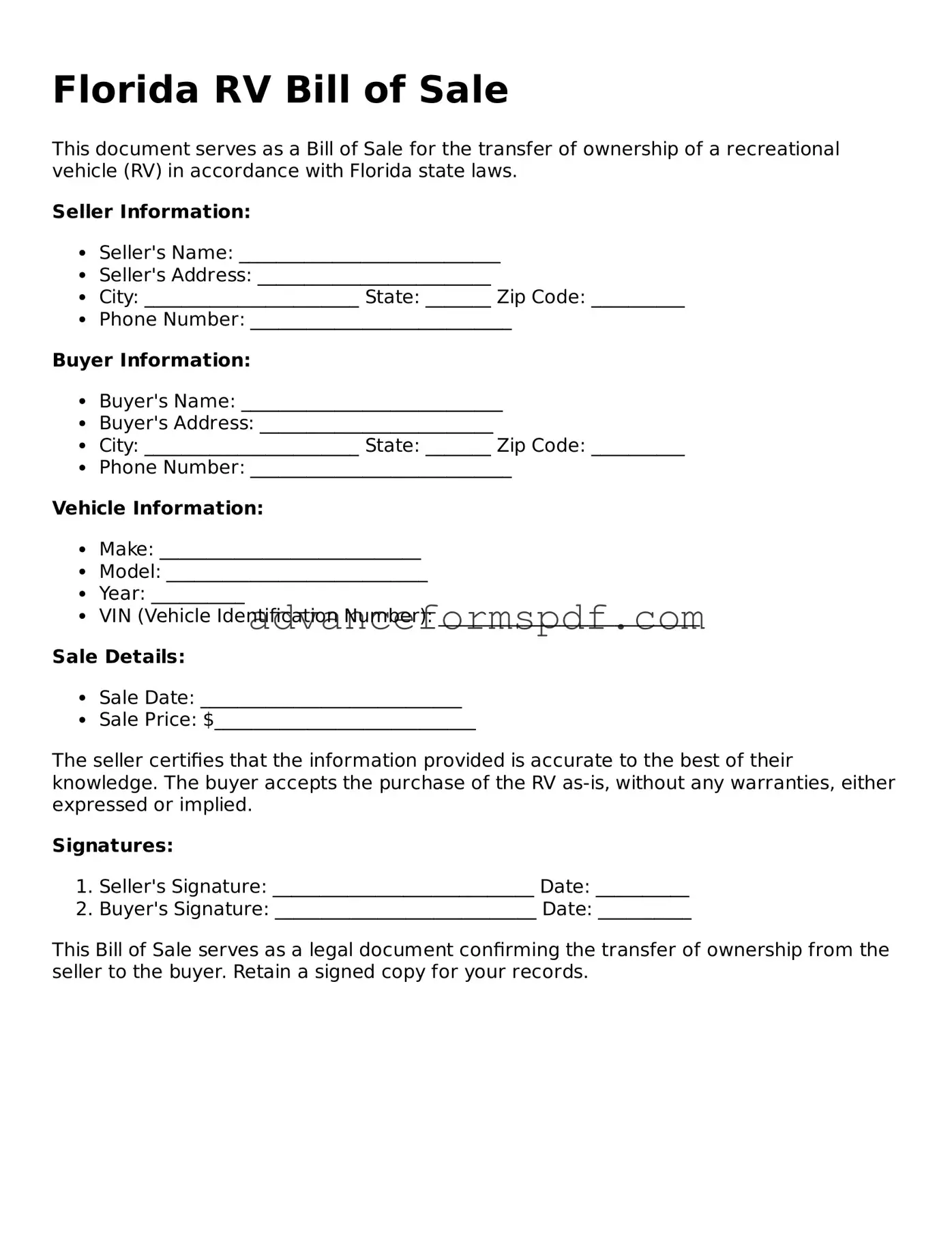 Valid RV Bill of Sale Form for the State of Florida