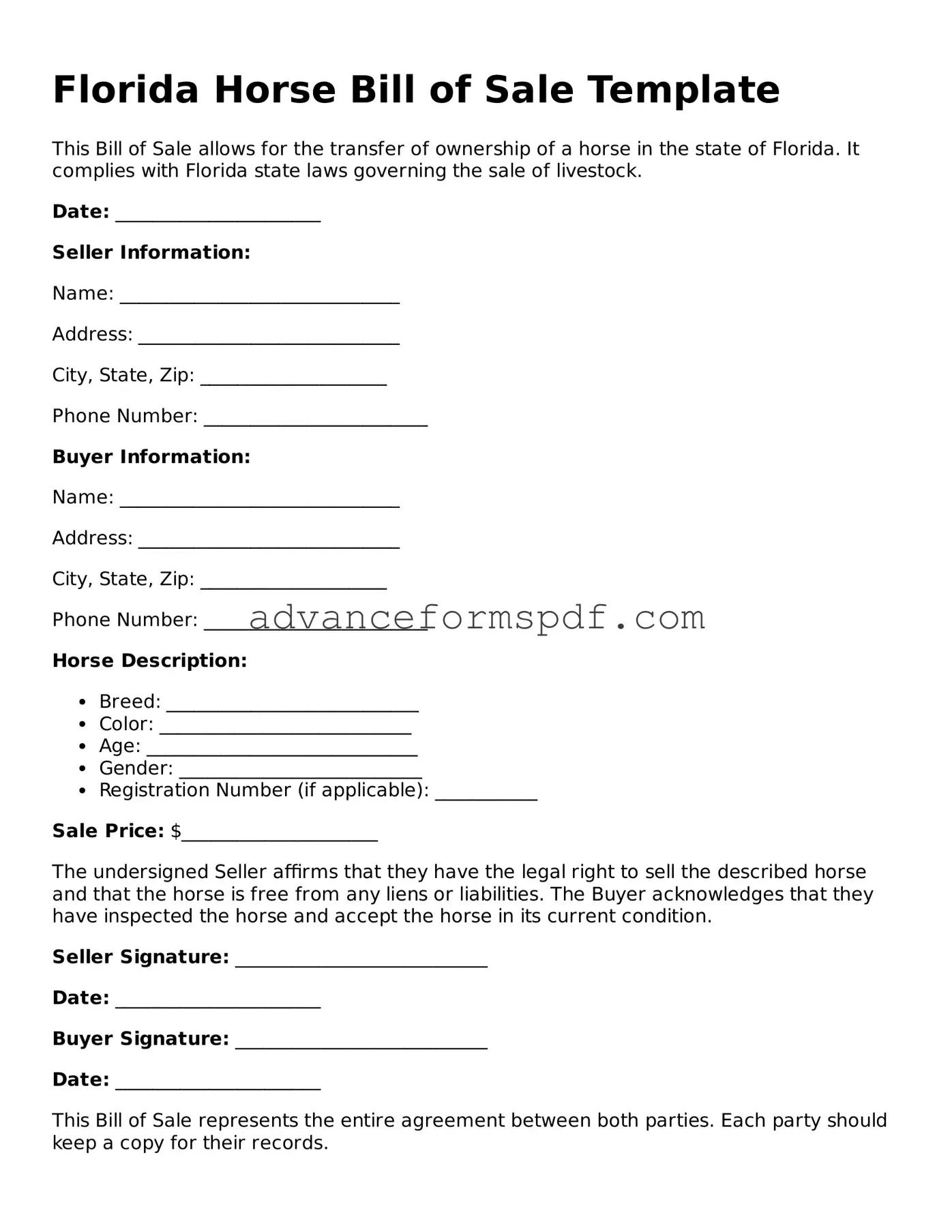 Valid Horse Bill of Sale Form for the State of Florida