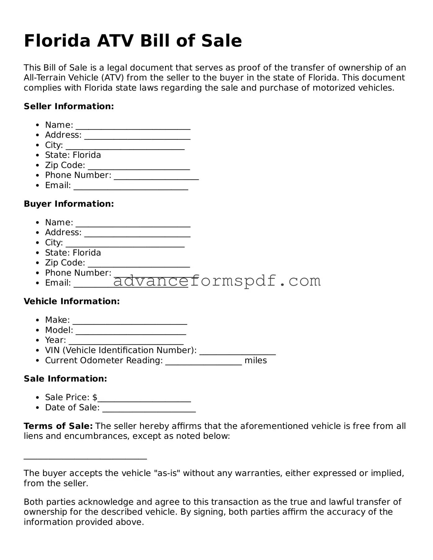 Valid ATV Bill of Sale Form for the State of Florida
