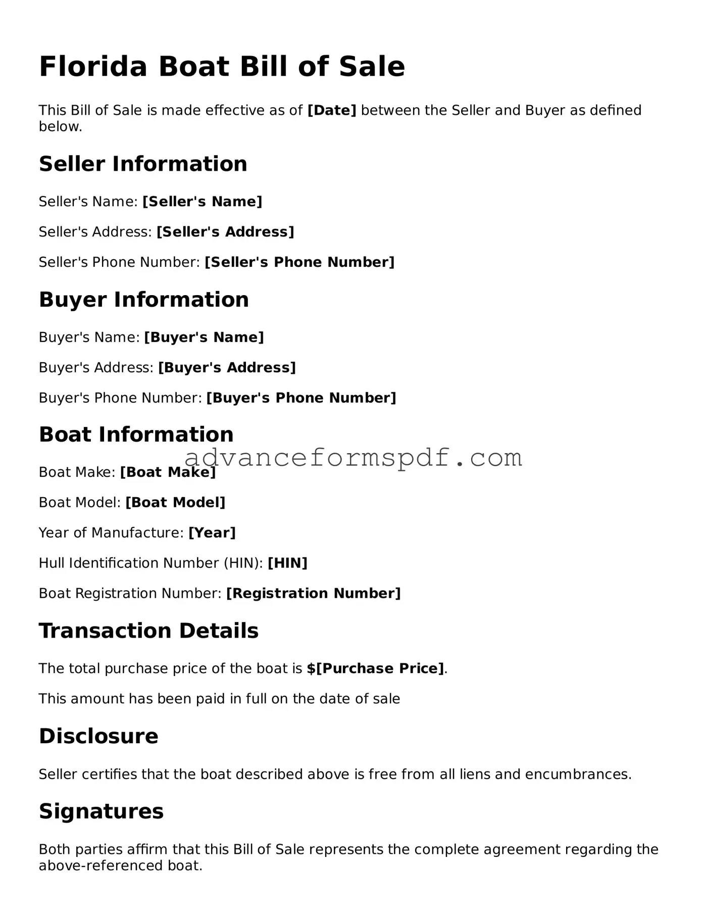 Valid Boat Bill of Sale Form for the State of Florida