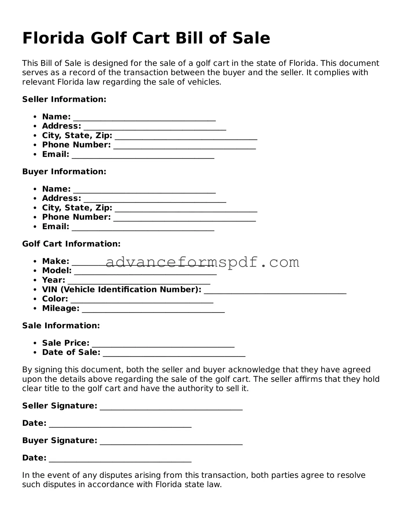 Valid Golf Cart Bill of Sale Form for the State of Florida