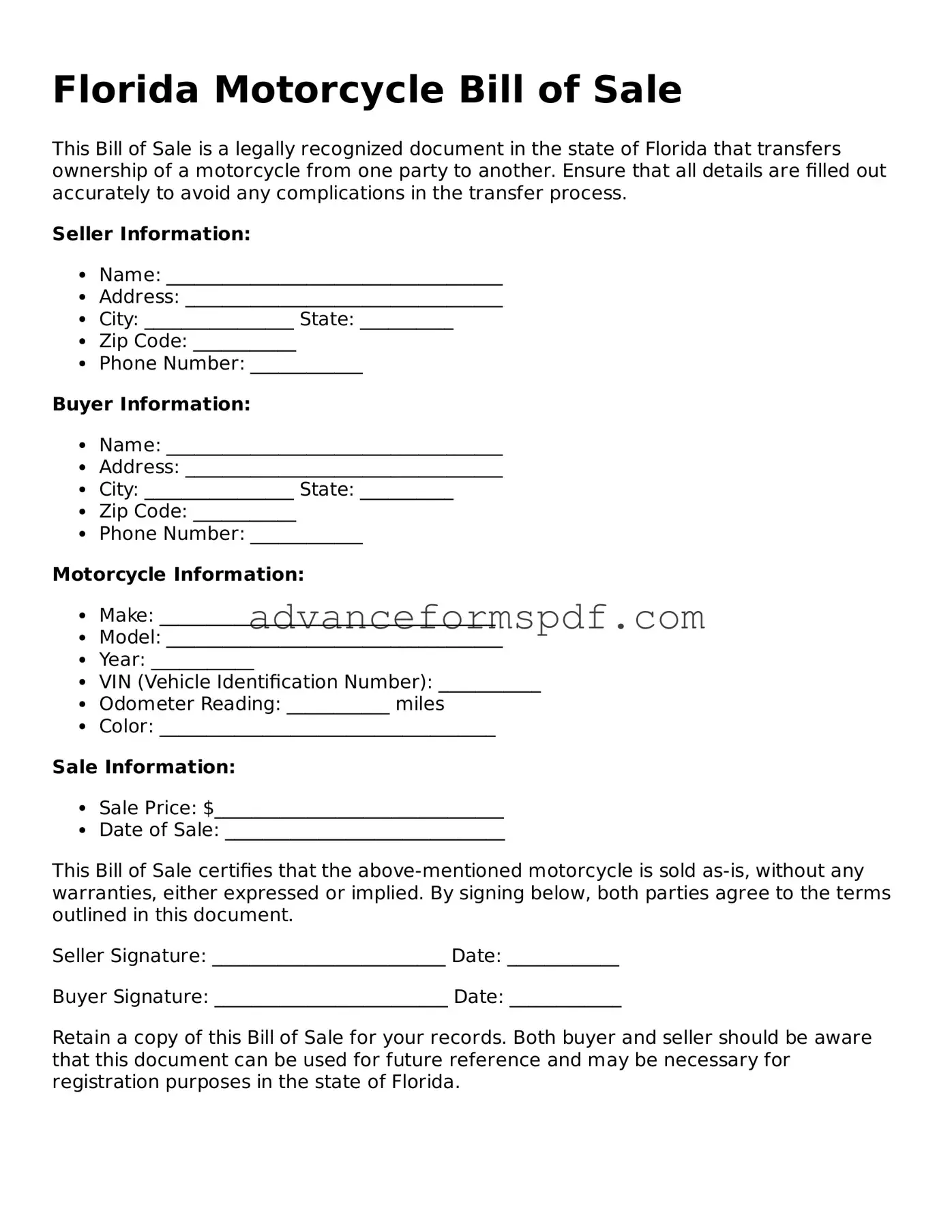 Valid Motorcycle Bill of Sale Form for the State of Florida