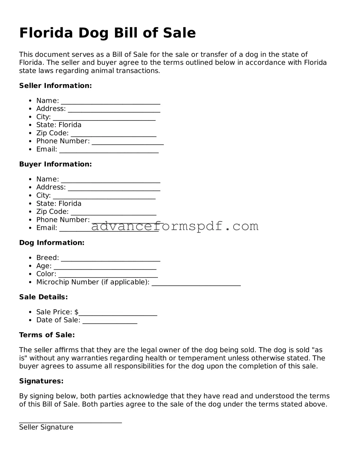 Valid Dog Bill of Sale Form for the State of Florida