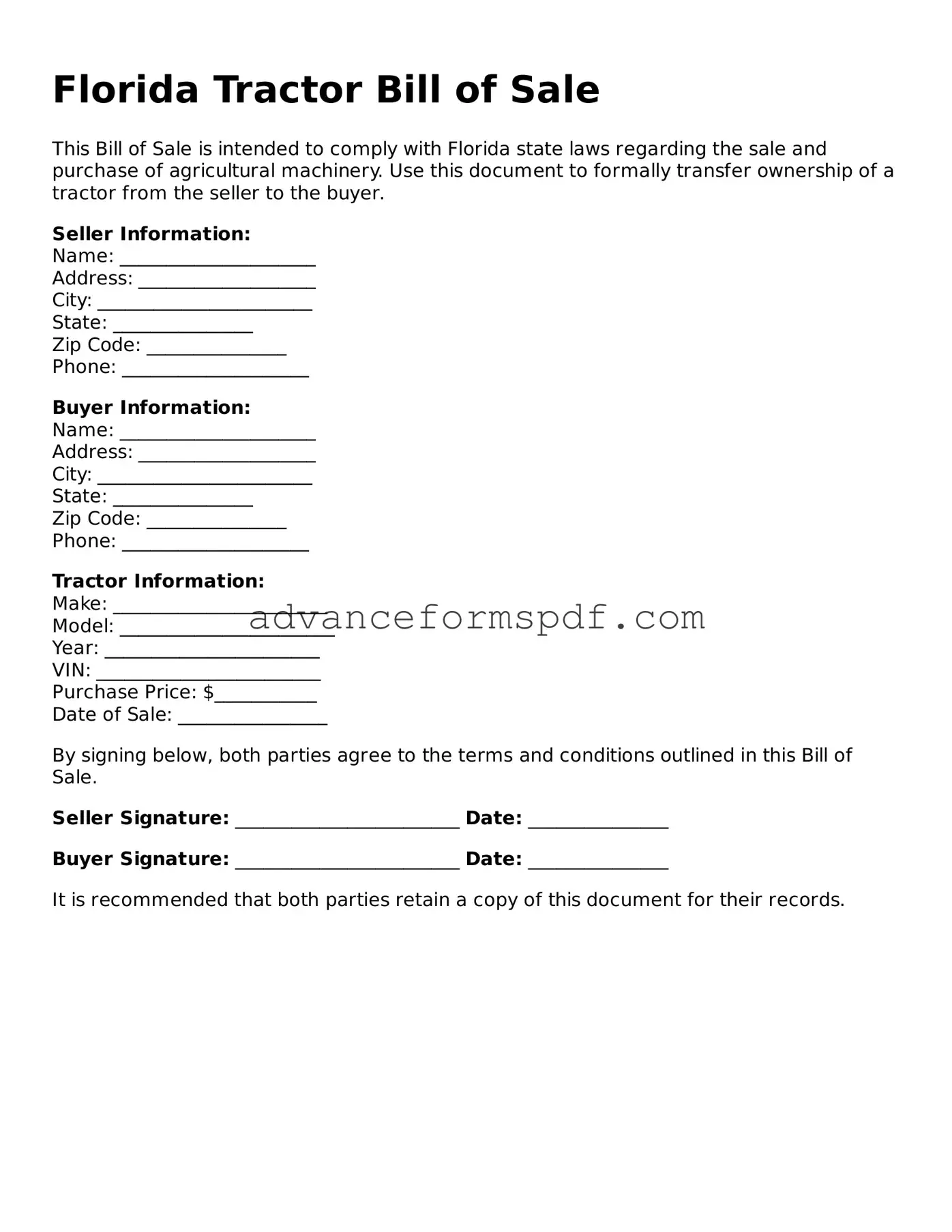 Valid Tractor Bill of Sale Form for the State of Florida