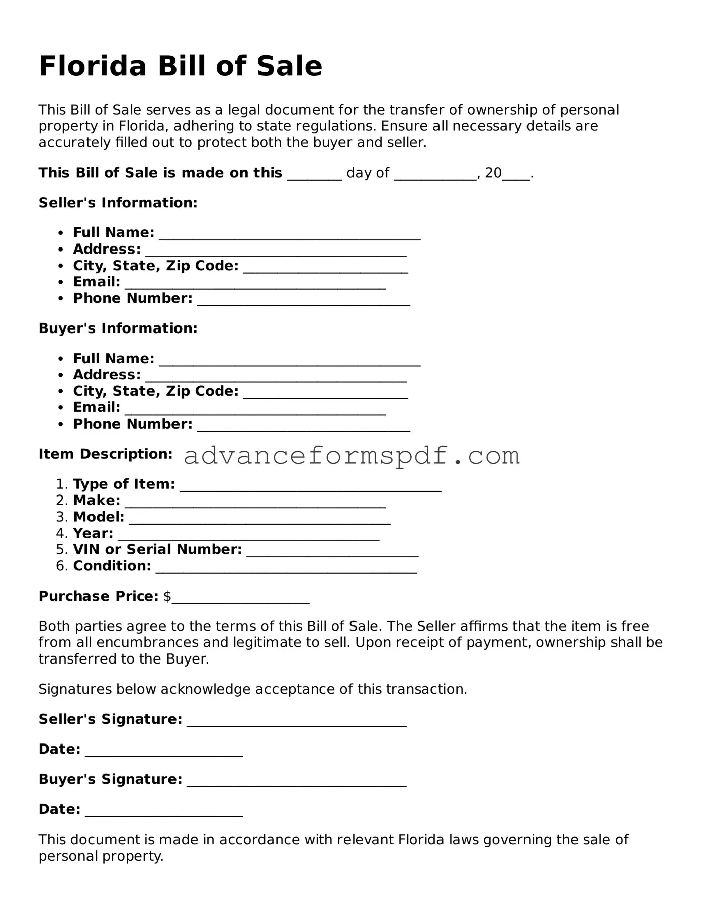 Valid Bill of Sale Form for the State of Florida