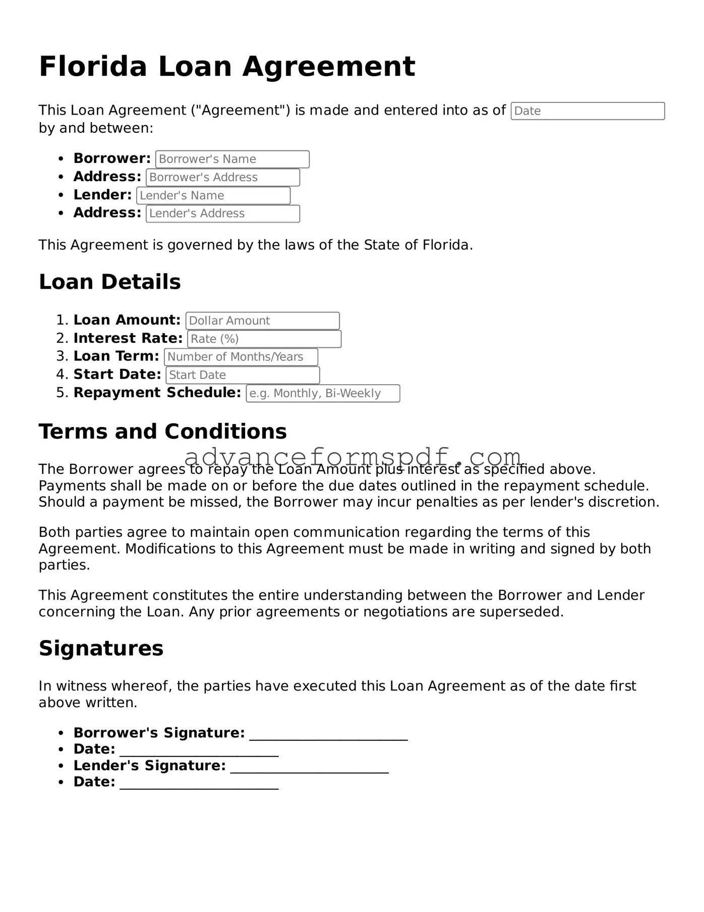 Valid Loan Agreement Form for the State of Florida