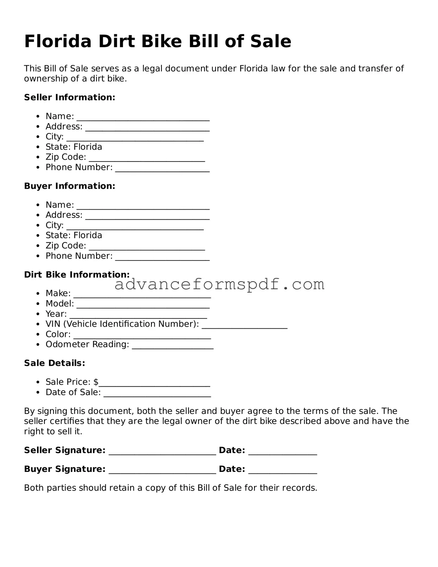 Valid Dirt Bike Bill of Sale Form for the State of Florida
