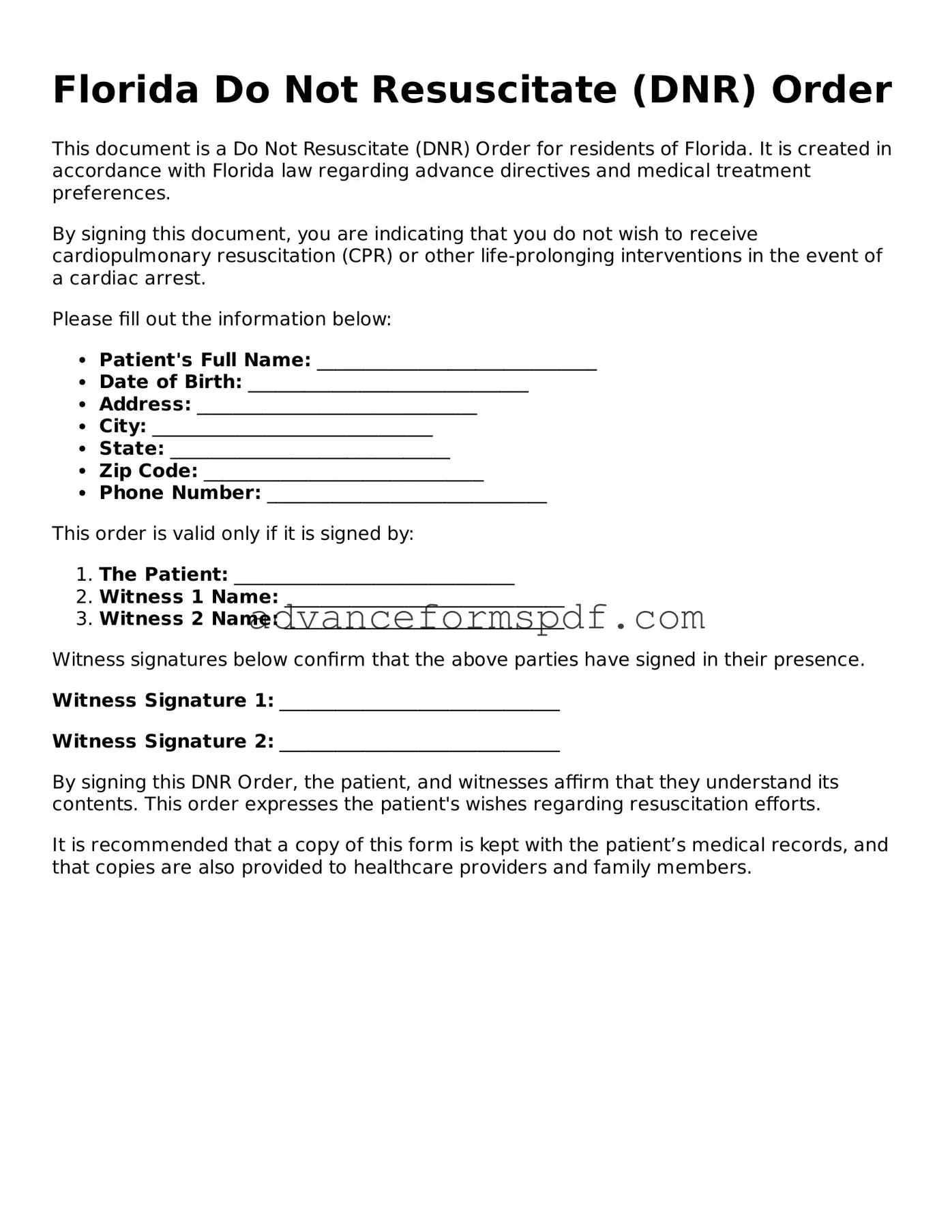 Valid Do Not Resuscitate Order Form for the State of Florida