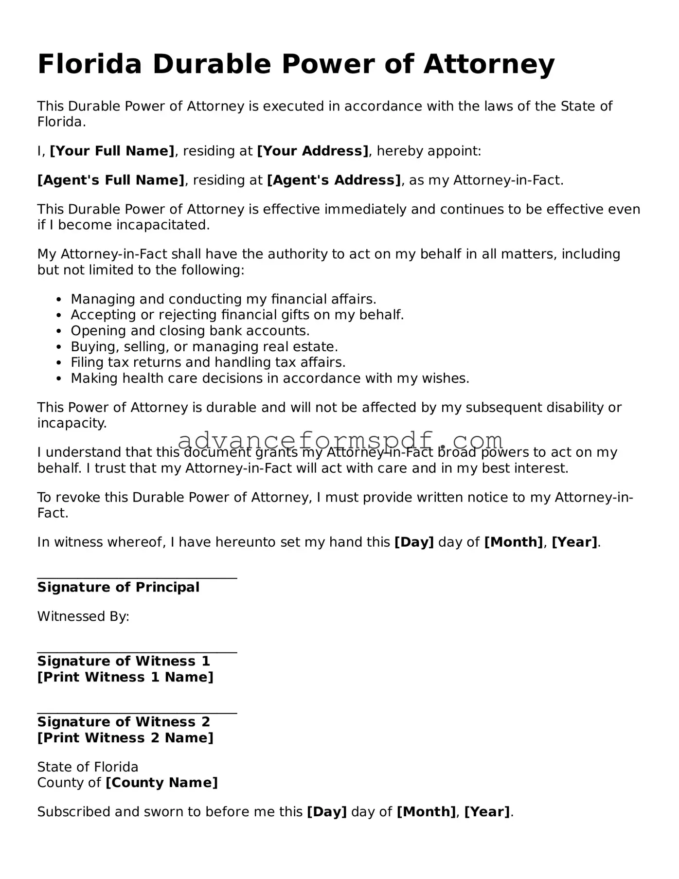 Valid Durable Power of Attorney Form for the State of Florida