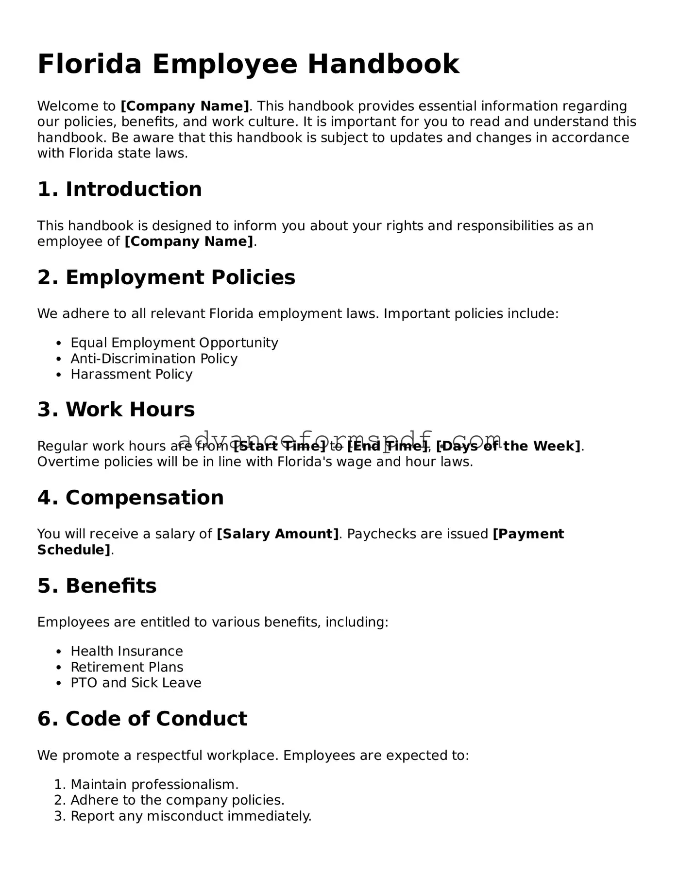 Valid Employee Handbook Form for the State of Florida