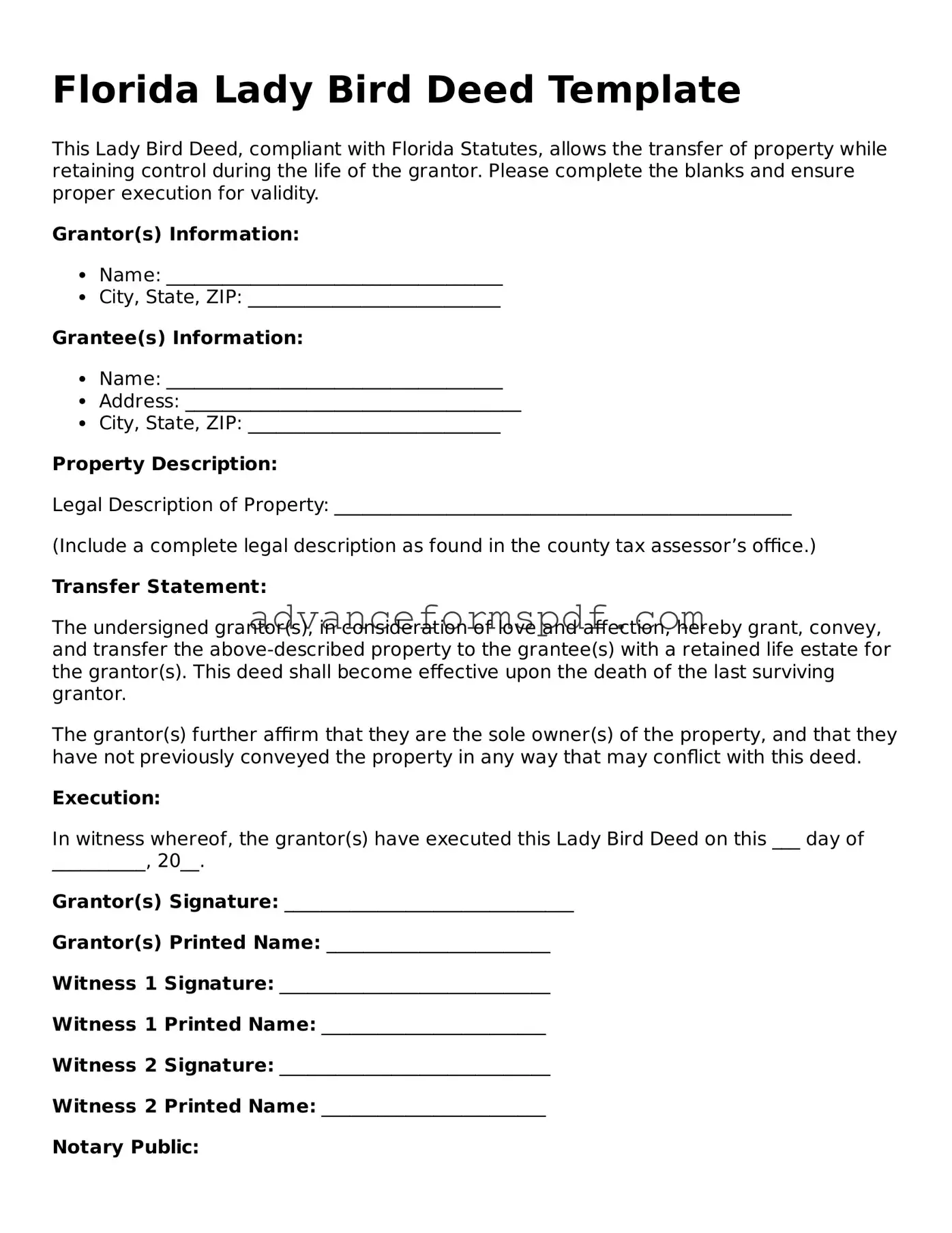 Valid Lady Bird Deed Form for the State of Florida
