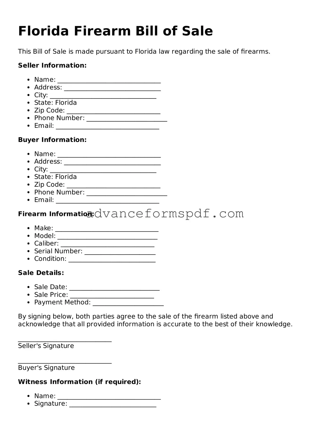 Valid Firearm Bill of Sale Form for the State of Florida