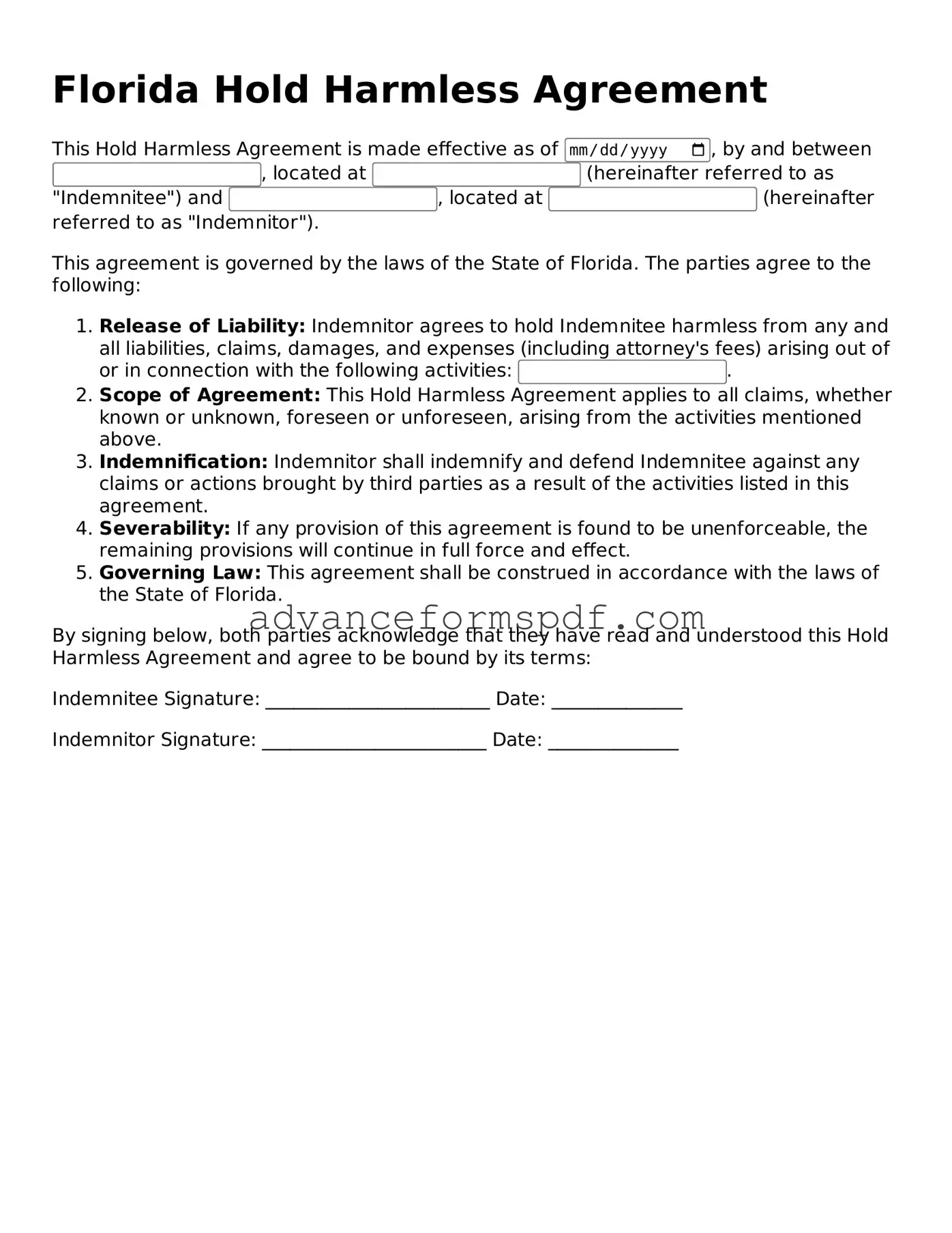 Valid Hold Harmless Agreement Form for the State of Florida