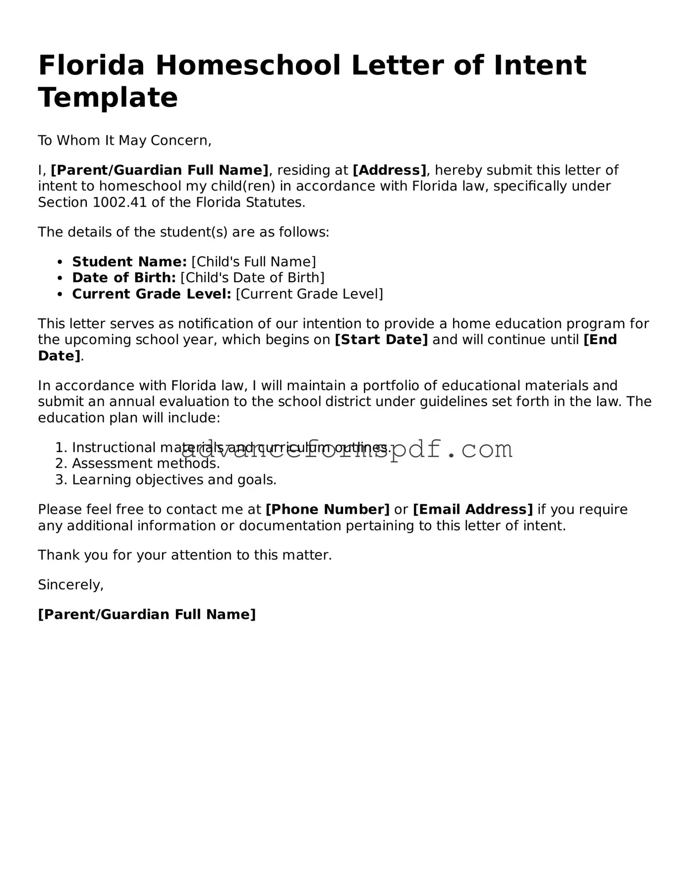 Valid Homeschool Letter of Intent Form for the State of Florida