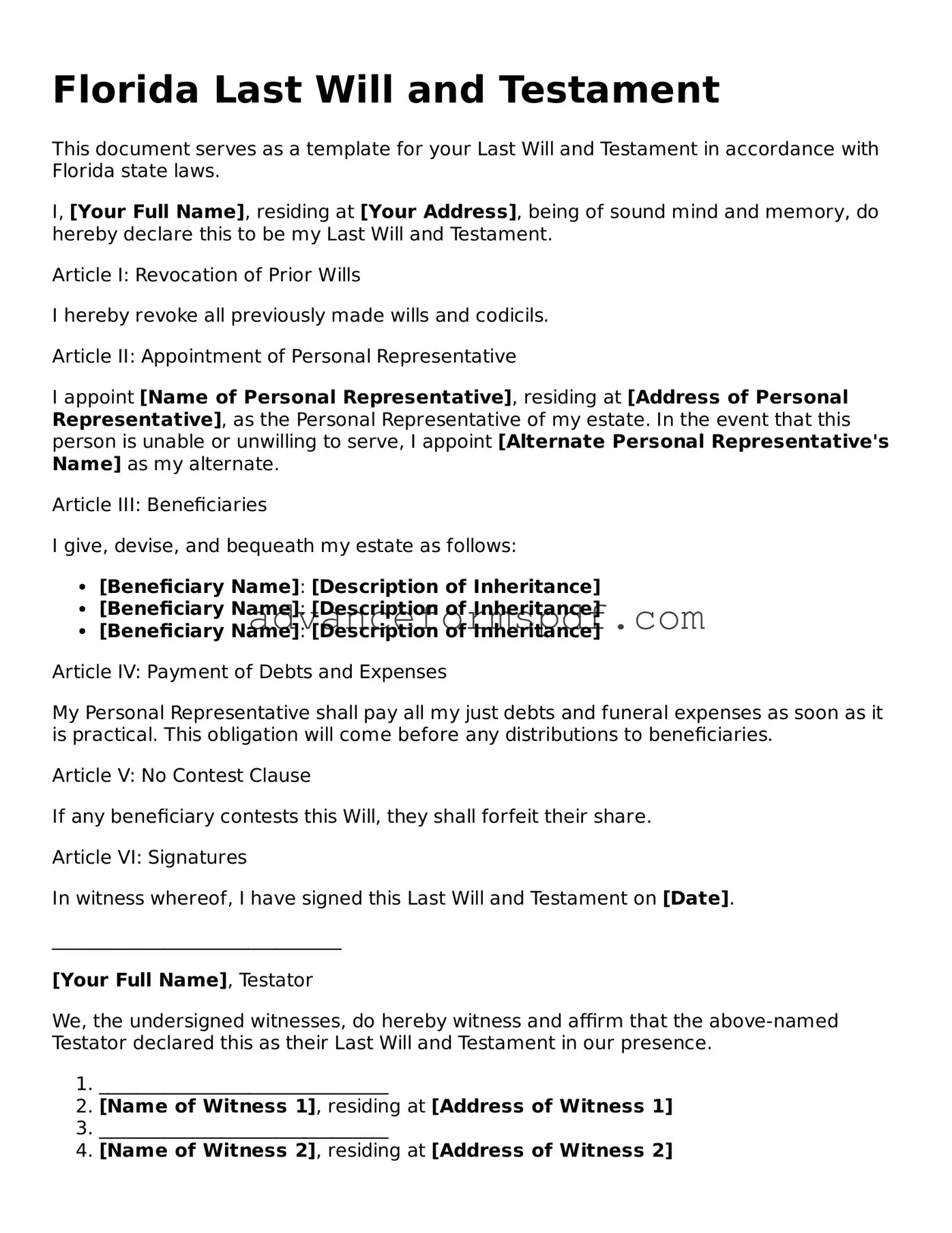 Valid Last Will and Testament Form for the State of Florida