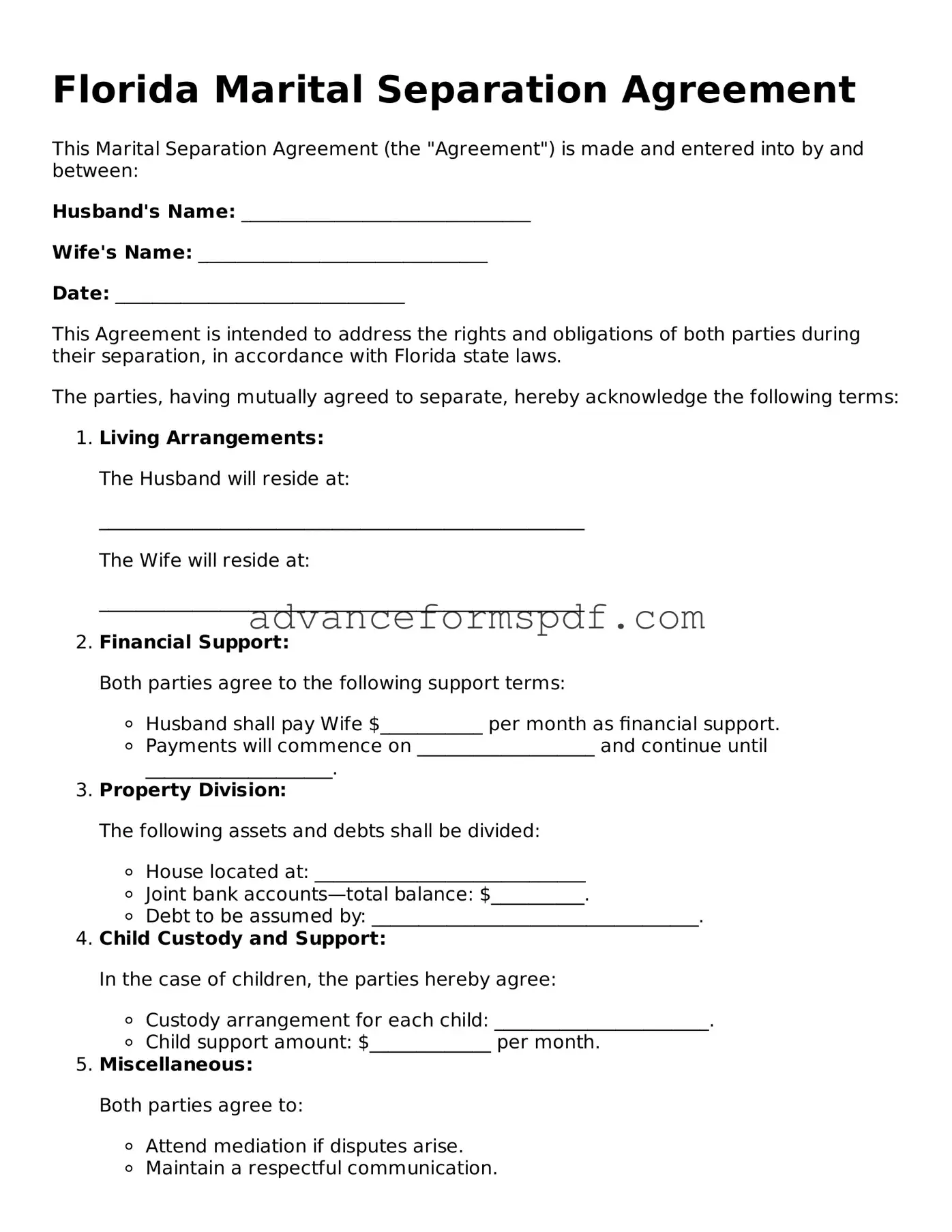 Valid Marital Separation Agreement Form for the State of Florida