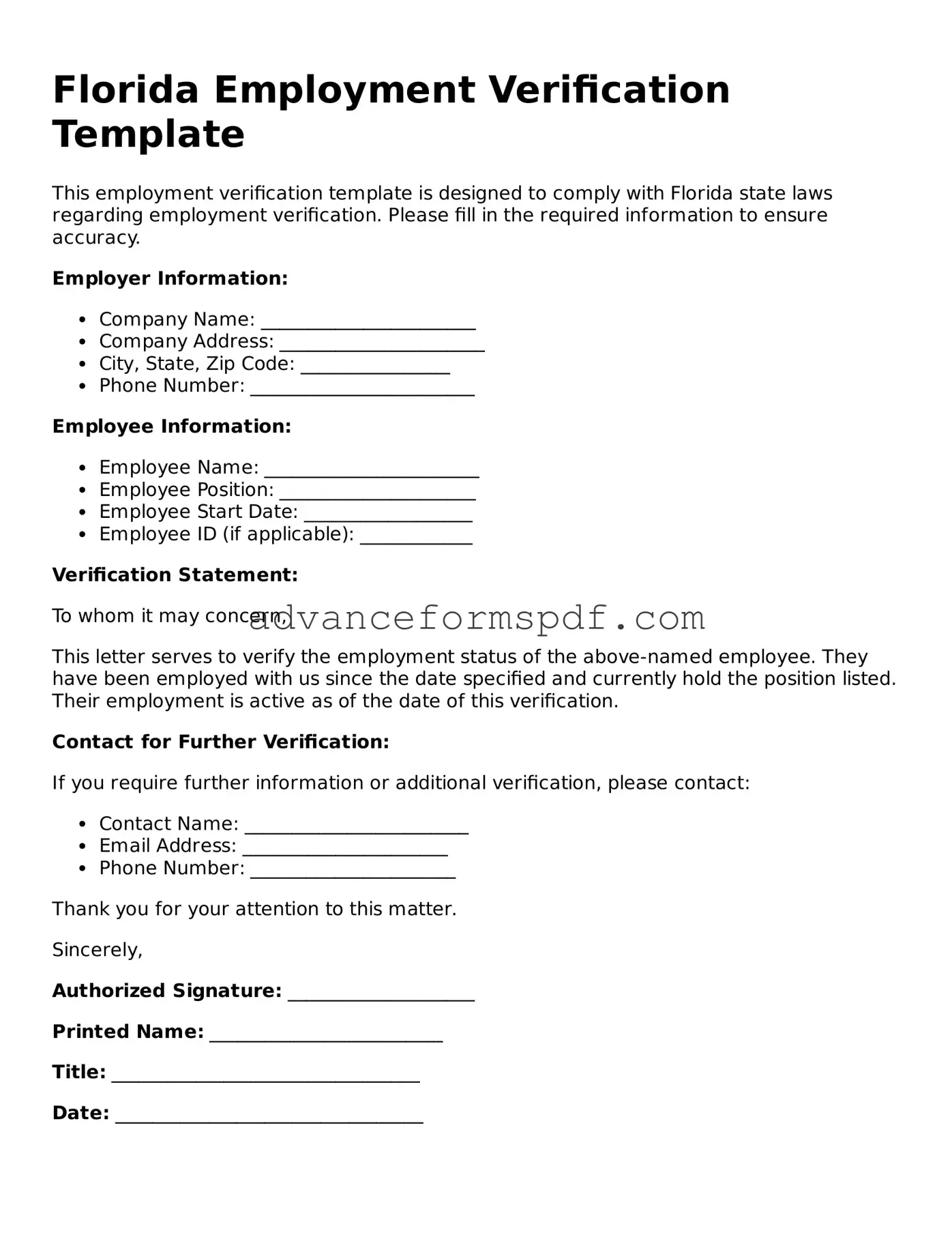 Valid Employment Verification Form for the State of Florida
