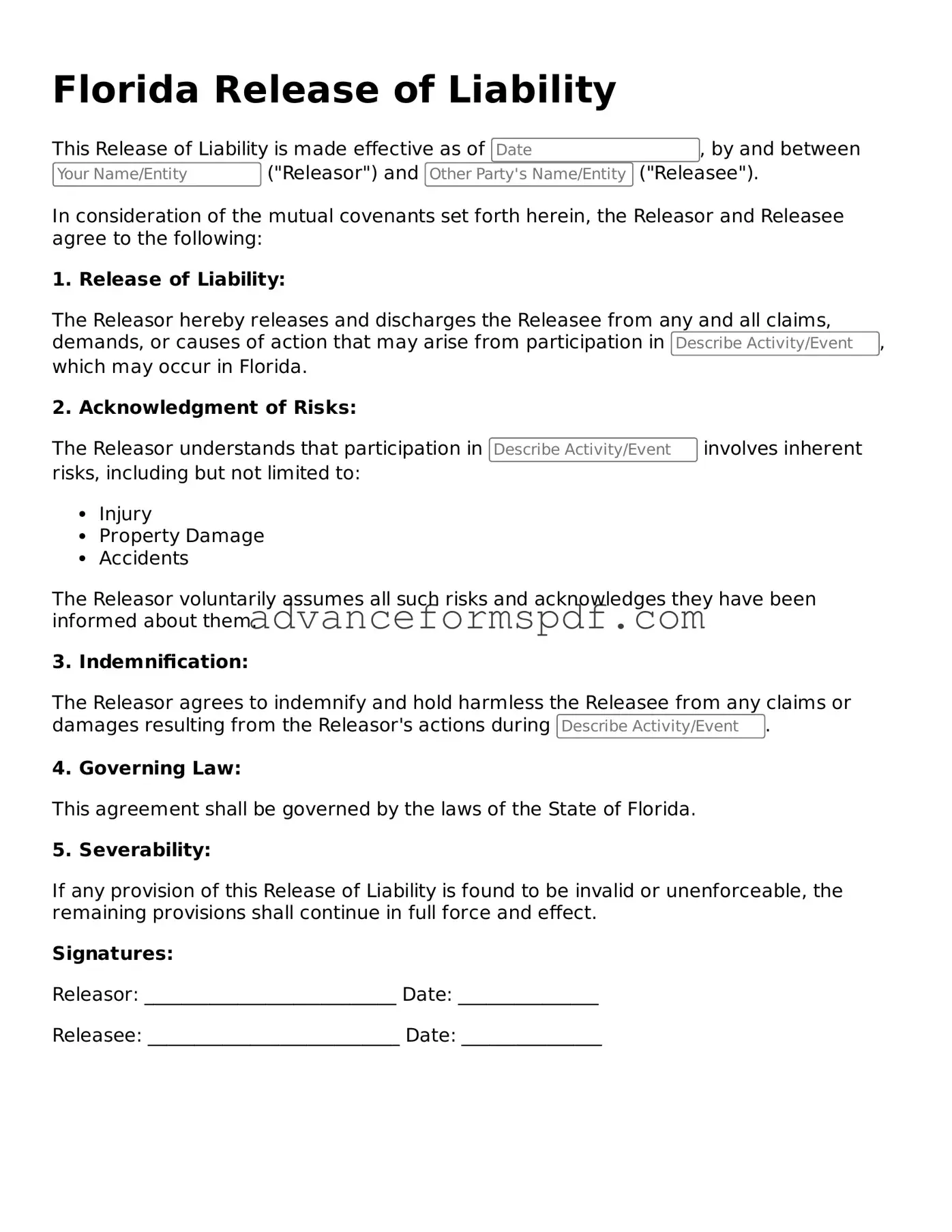 Valid Release of Liability Form for the State of Florida