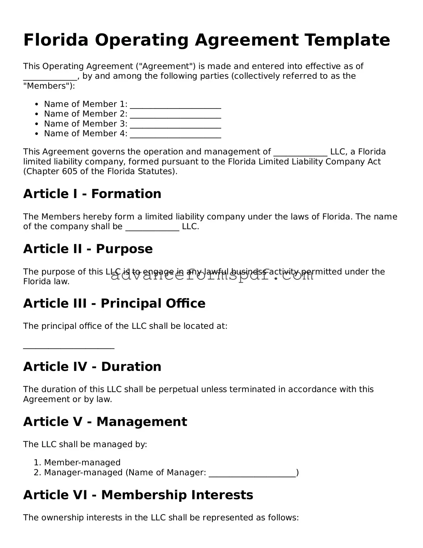 Valid Operating Agreement Form for the State of Florida