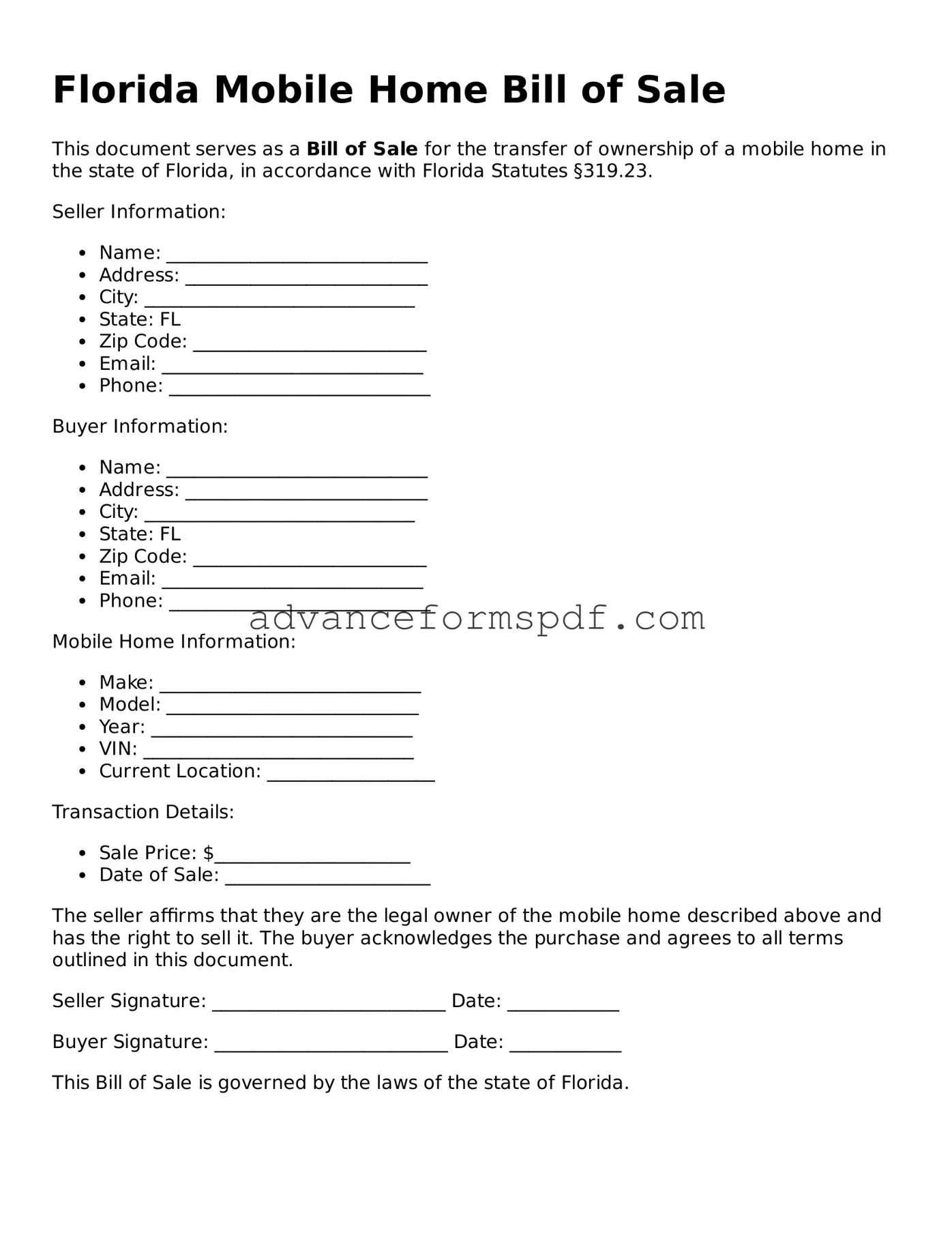 Valid Mobile Home Bill of Sale Form for the State of Florida