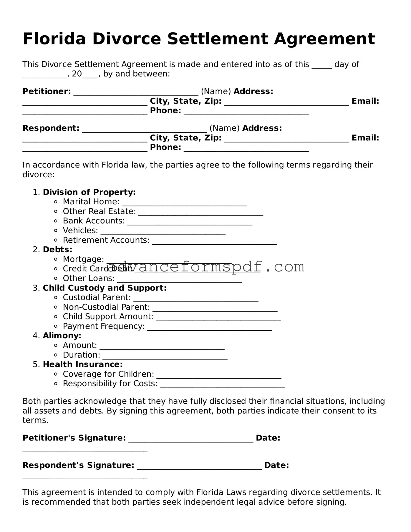 Valid Divorce Settlement Agreement Form for the State of Florida
