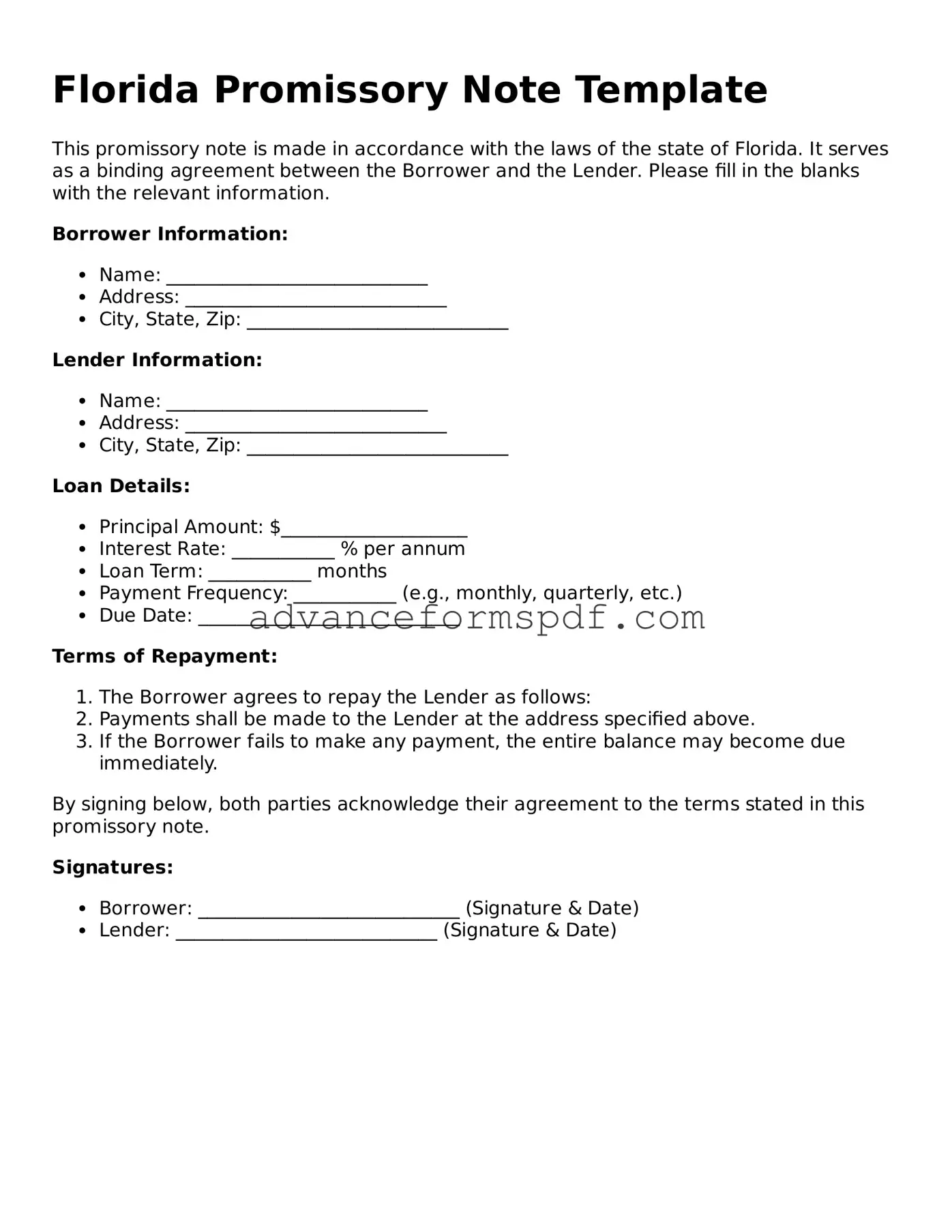 Valid Promissory Note Form for the State of Florida