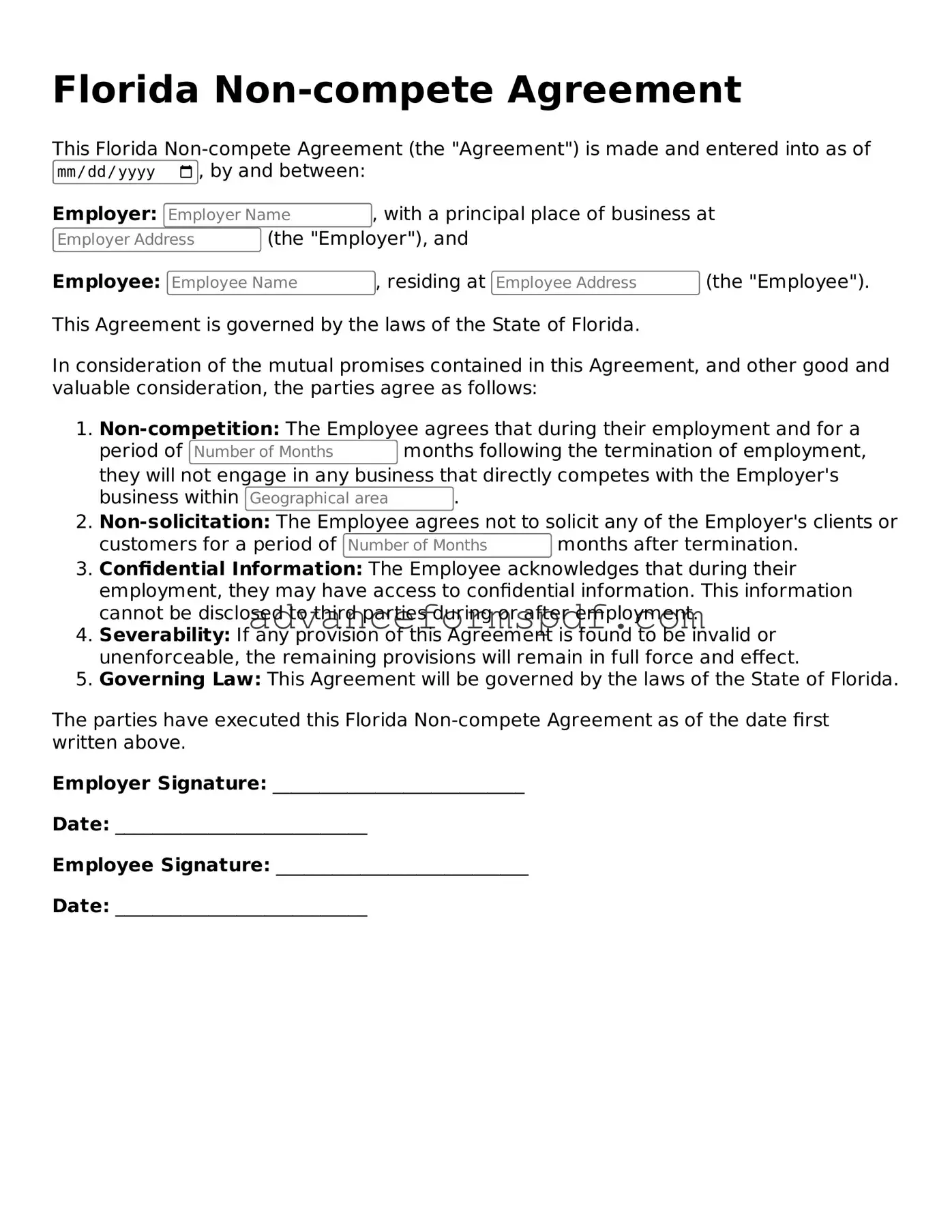 Valid Non-compete Agreement Form for the State of Florida